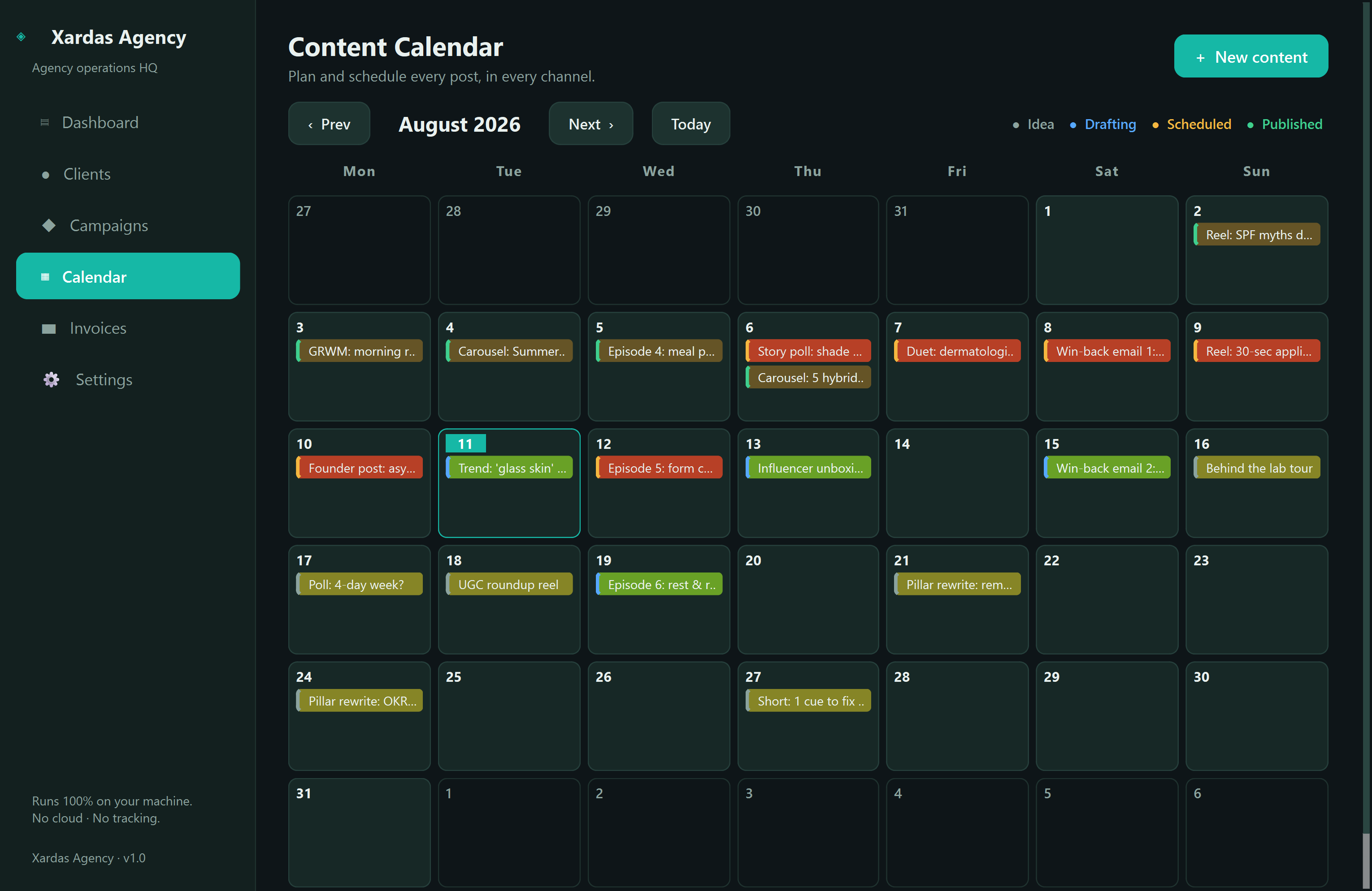 Xardas Agency calendar — A native, offline operations hub for boutique marketing and content agencies.