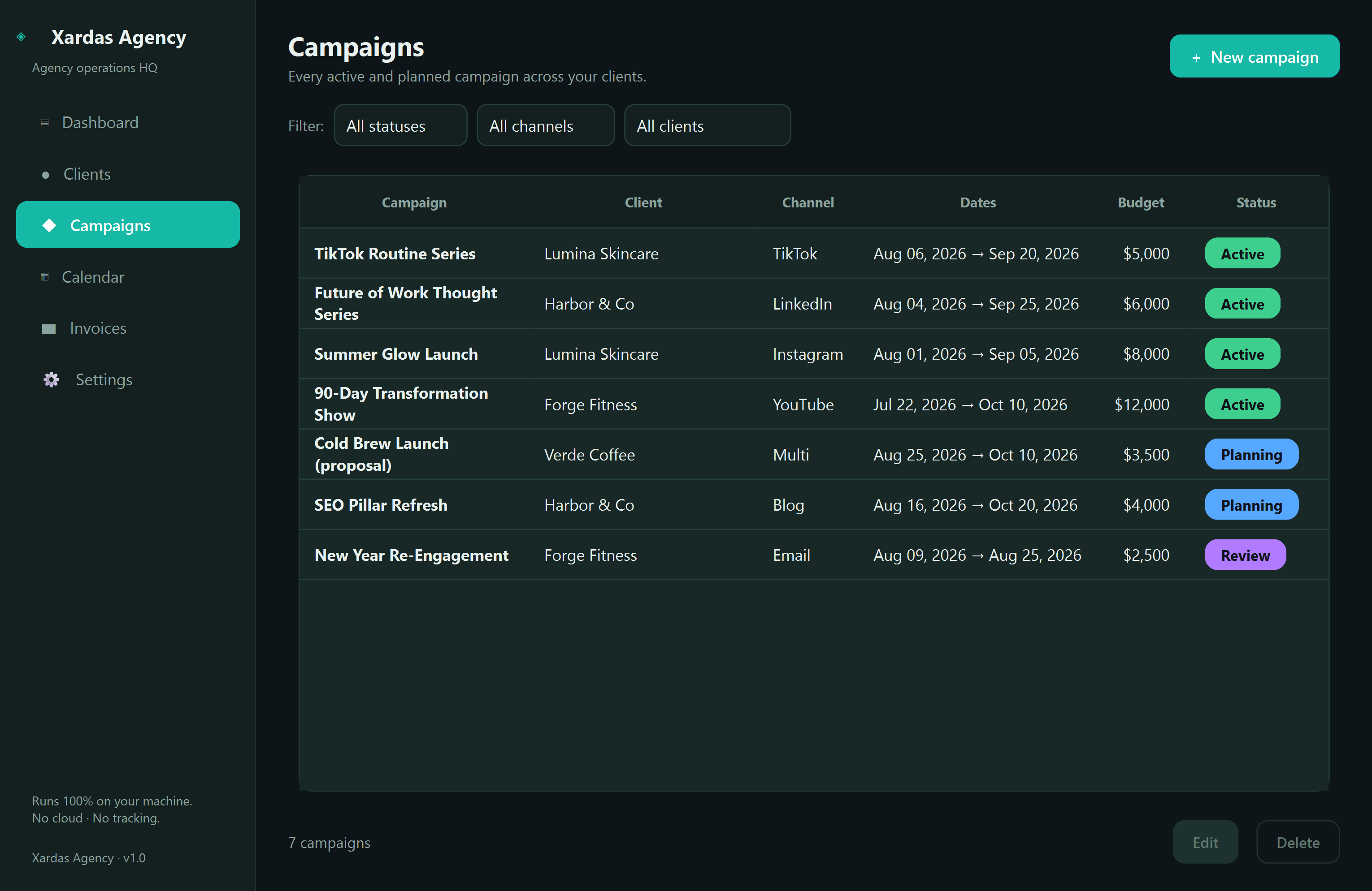 Xardas Agency campaigns — A native, offline operations hub for boutique marketing and content agencies.