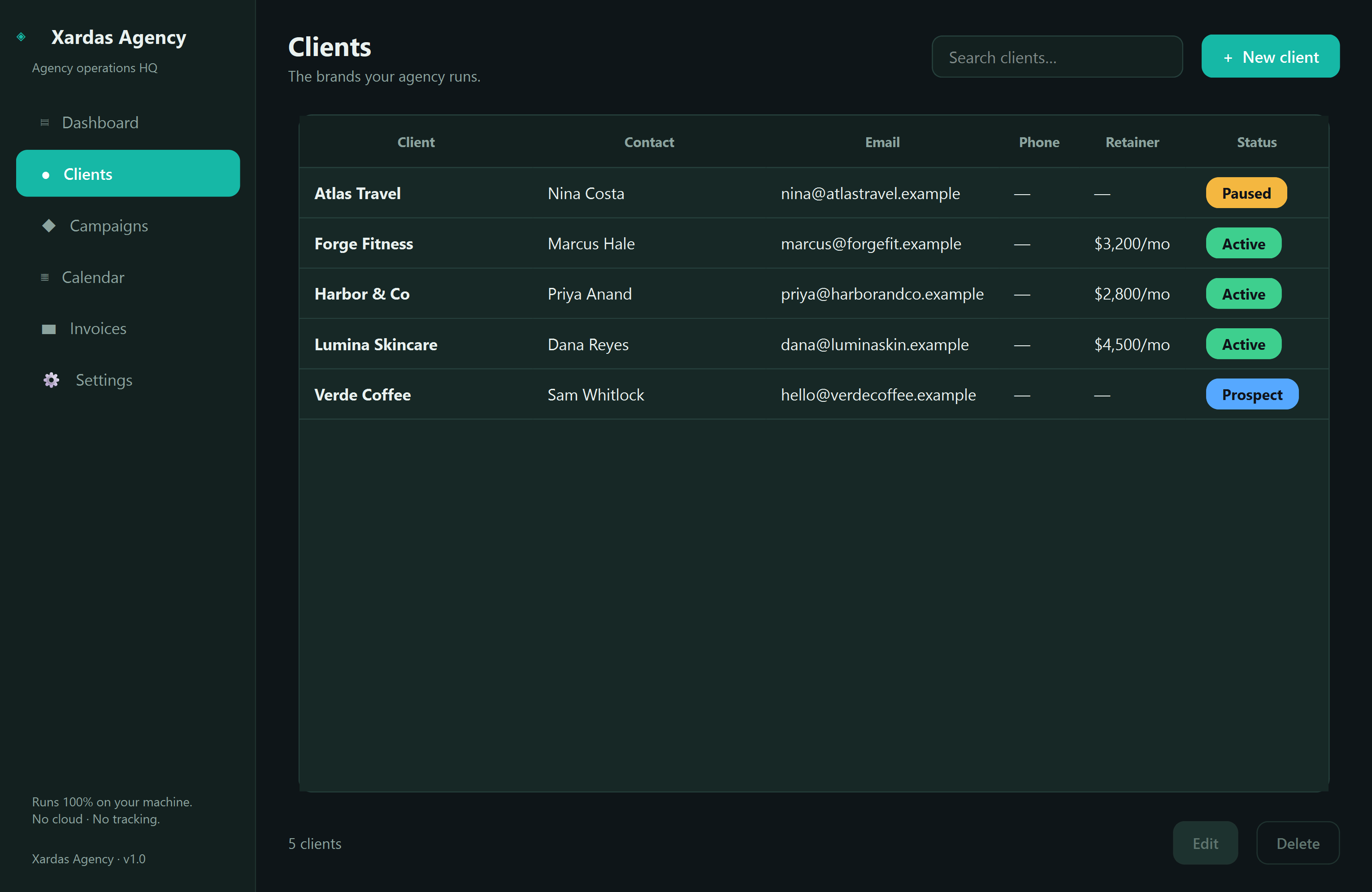 Xardas Agency clients — A native, offline operations hub for boutique marketing and content agencies.