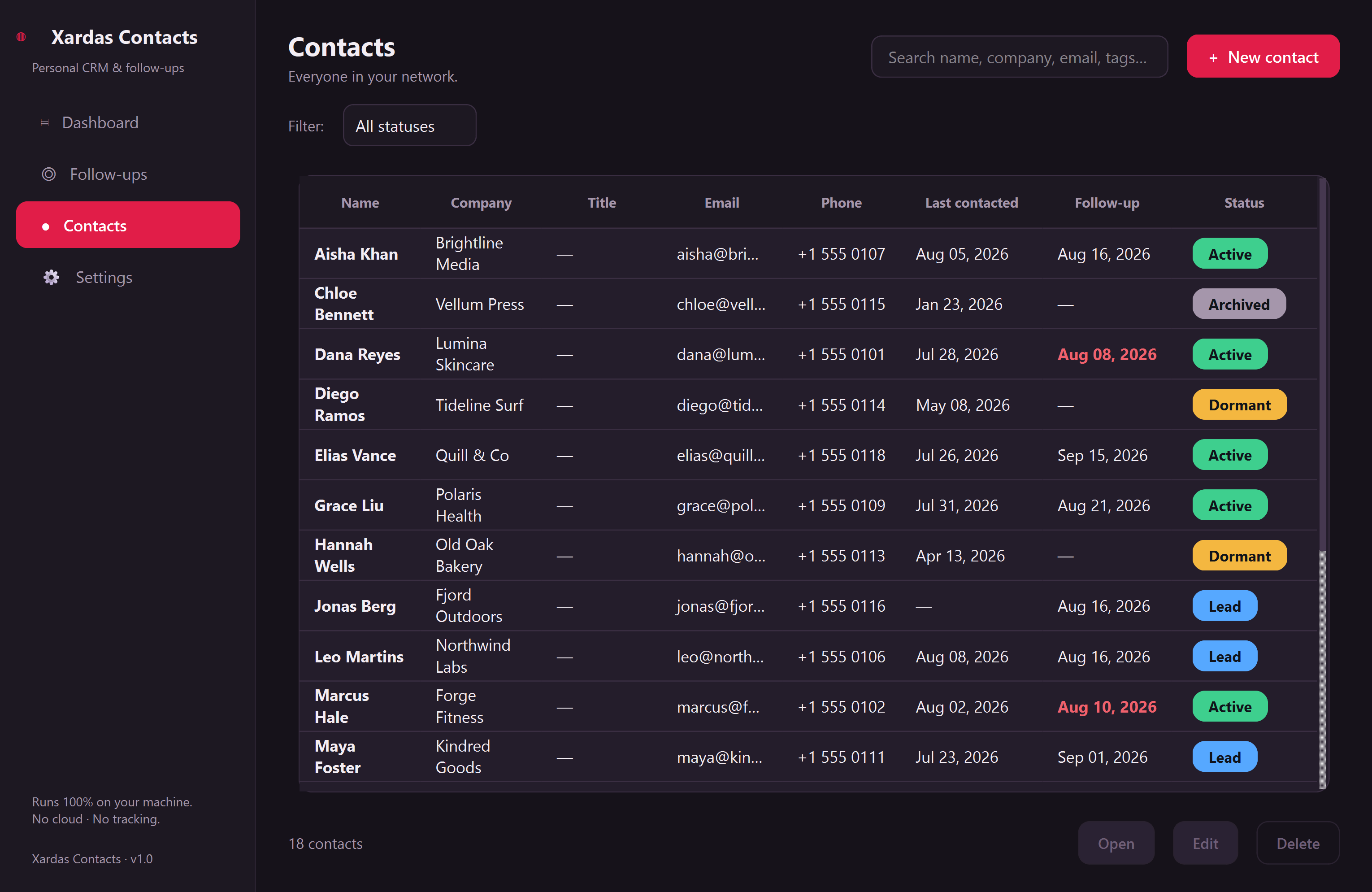 Xardas Contacts contacts — An offline personal CRM that triages who needs a follow-up today.