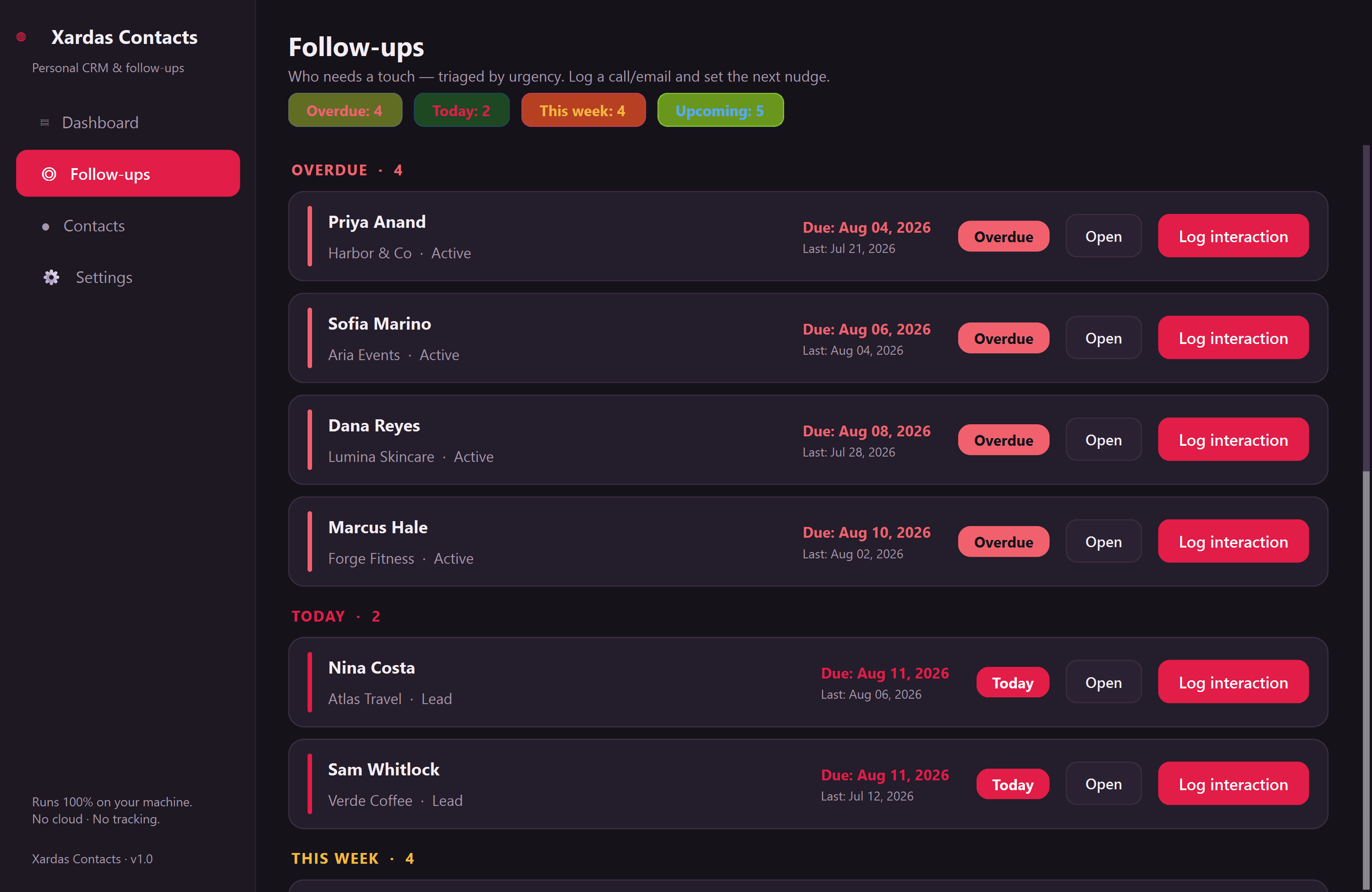 Xardas Contacts — An offline personal CRM that triages who needs a follow-up today.