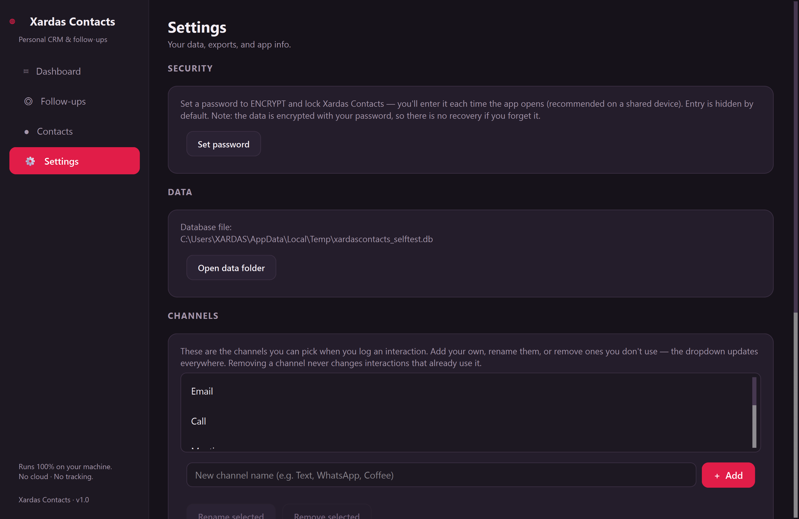 Xardas Contacts settings — An offline personal CRM that triages who needs a follow-up today.