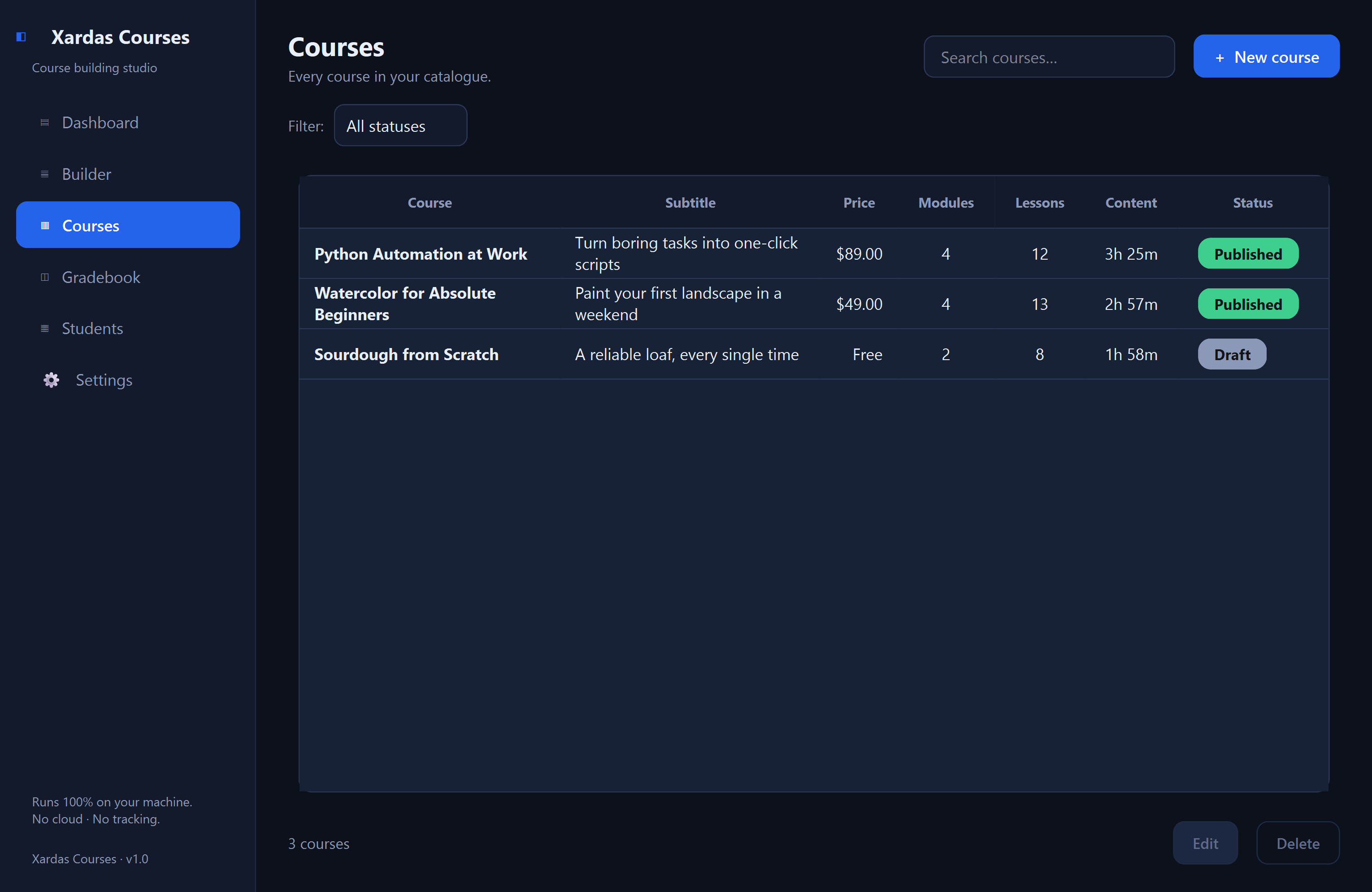 Xardas Courses courses — Plan courses, track student grades, and print transcripts — all in one native local Windows app.