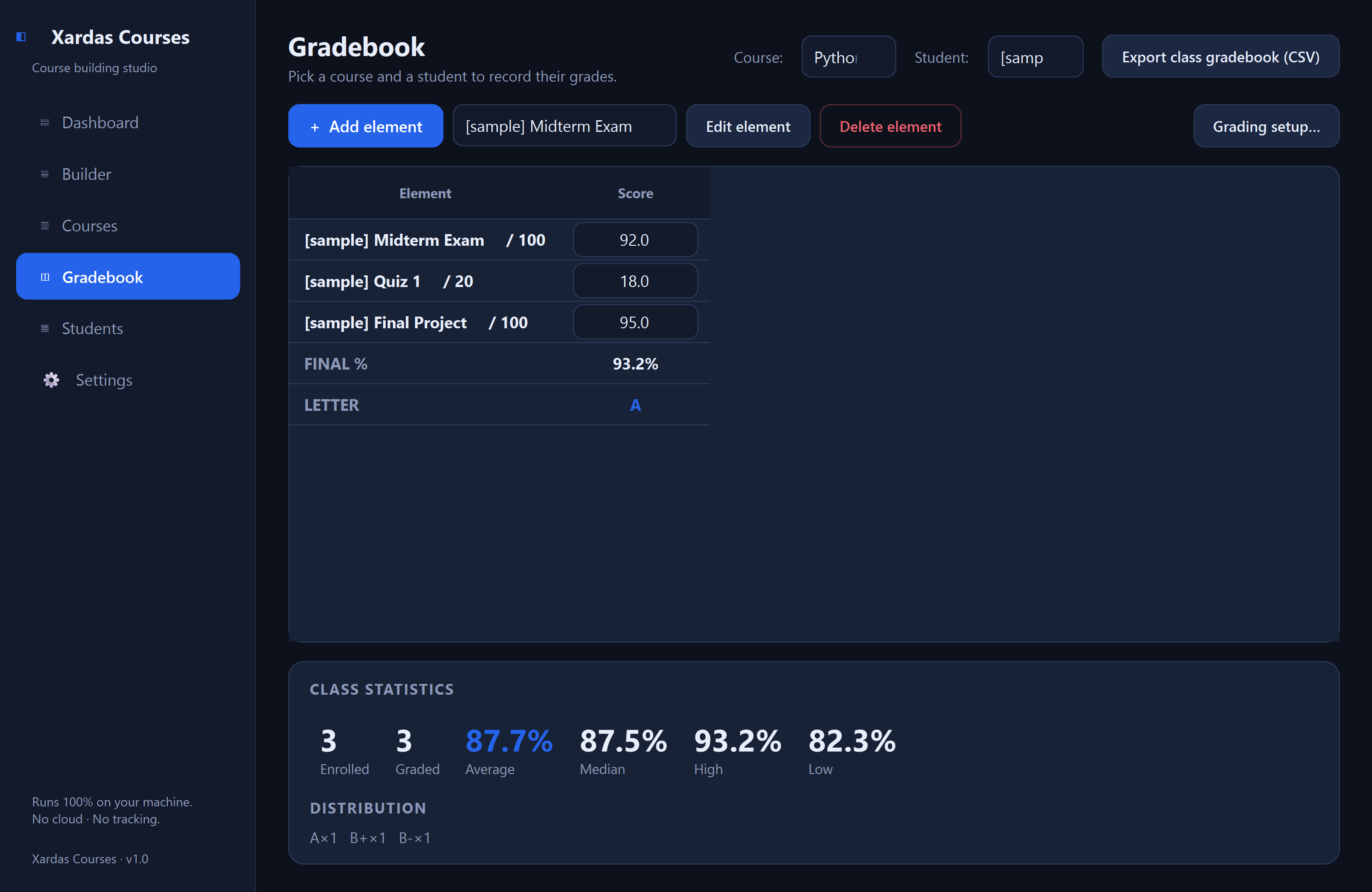 Xardas Courses gradebook — Plan courses, track student grades, and print transcripts — all in one native local Windows app.