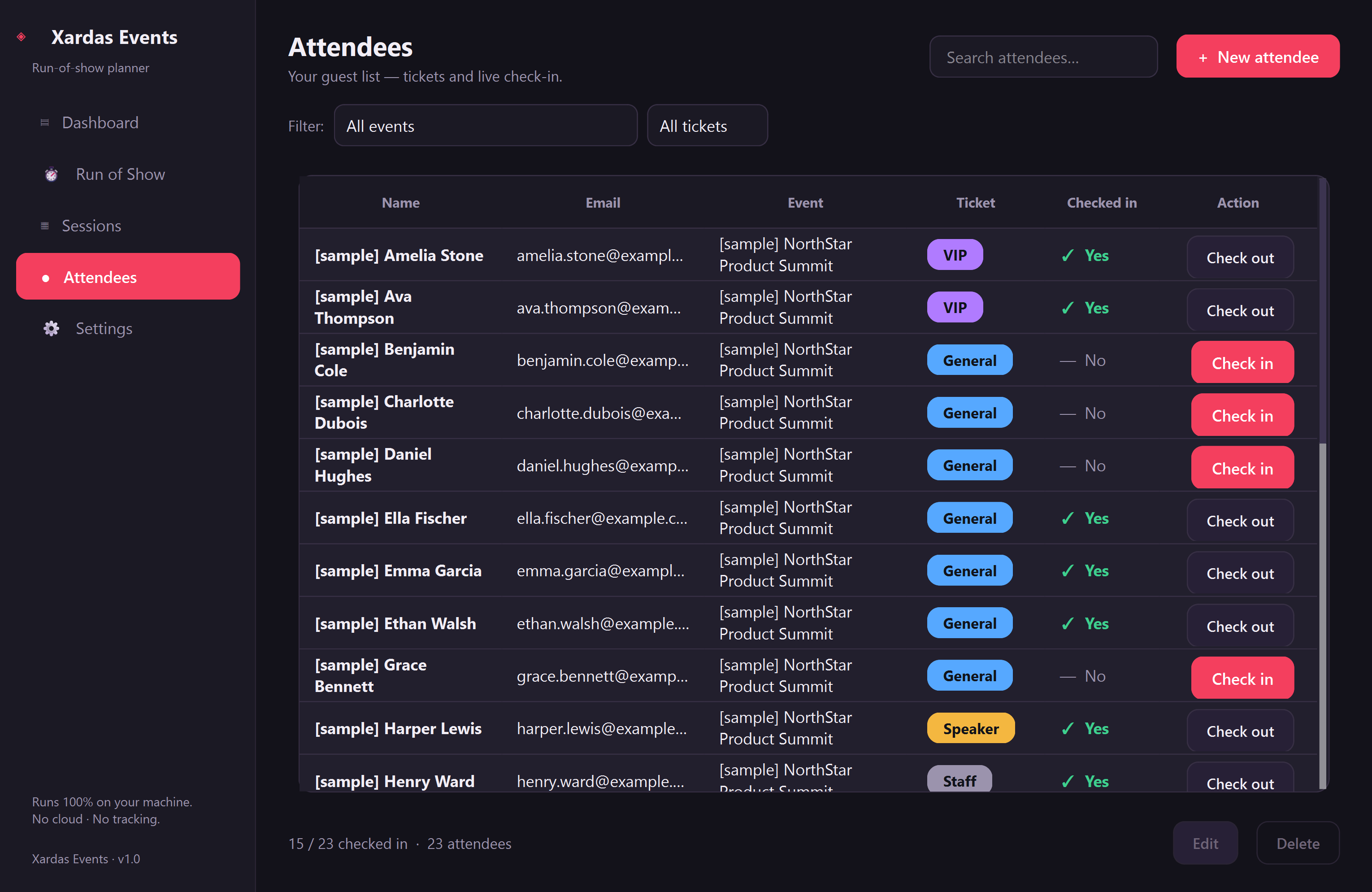 Xardas Events attendees — An offline run-of-show planner for workshops and events.