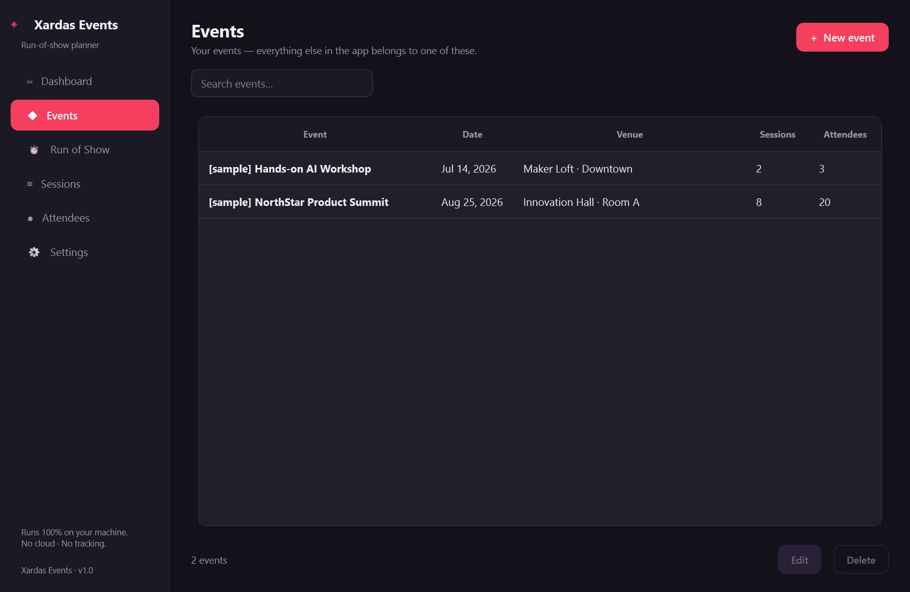 Xardas Events events — An offline run-of-show planner for workshops and events.