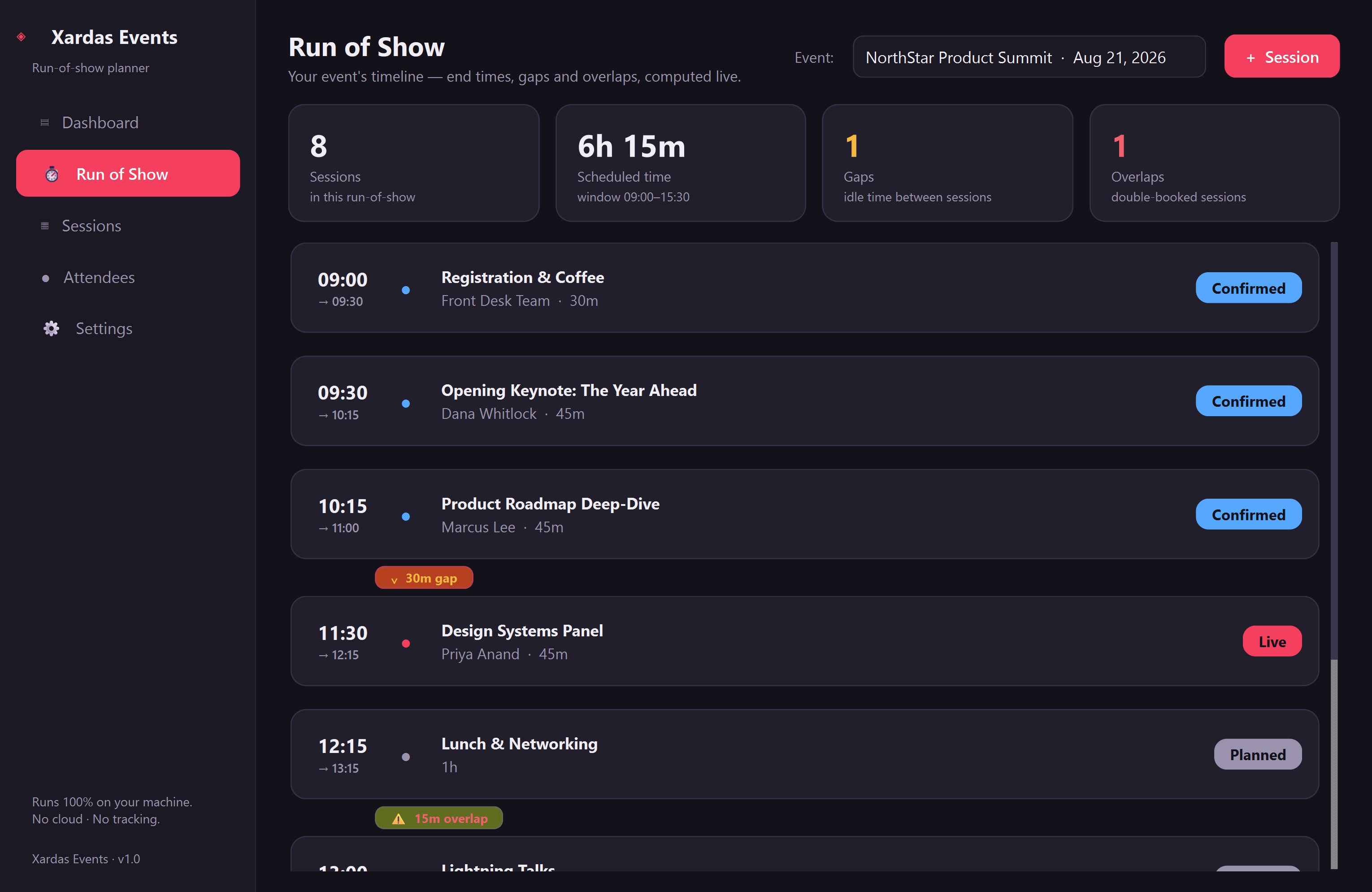 Xardas Events — An offline run-of-show planner for workshops and events.
