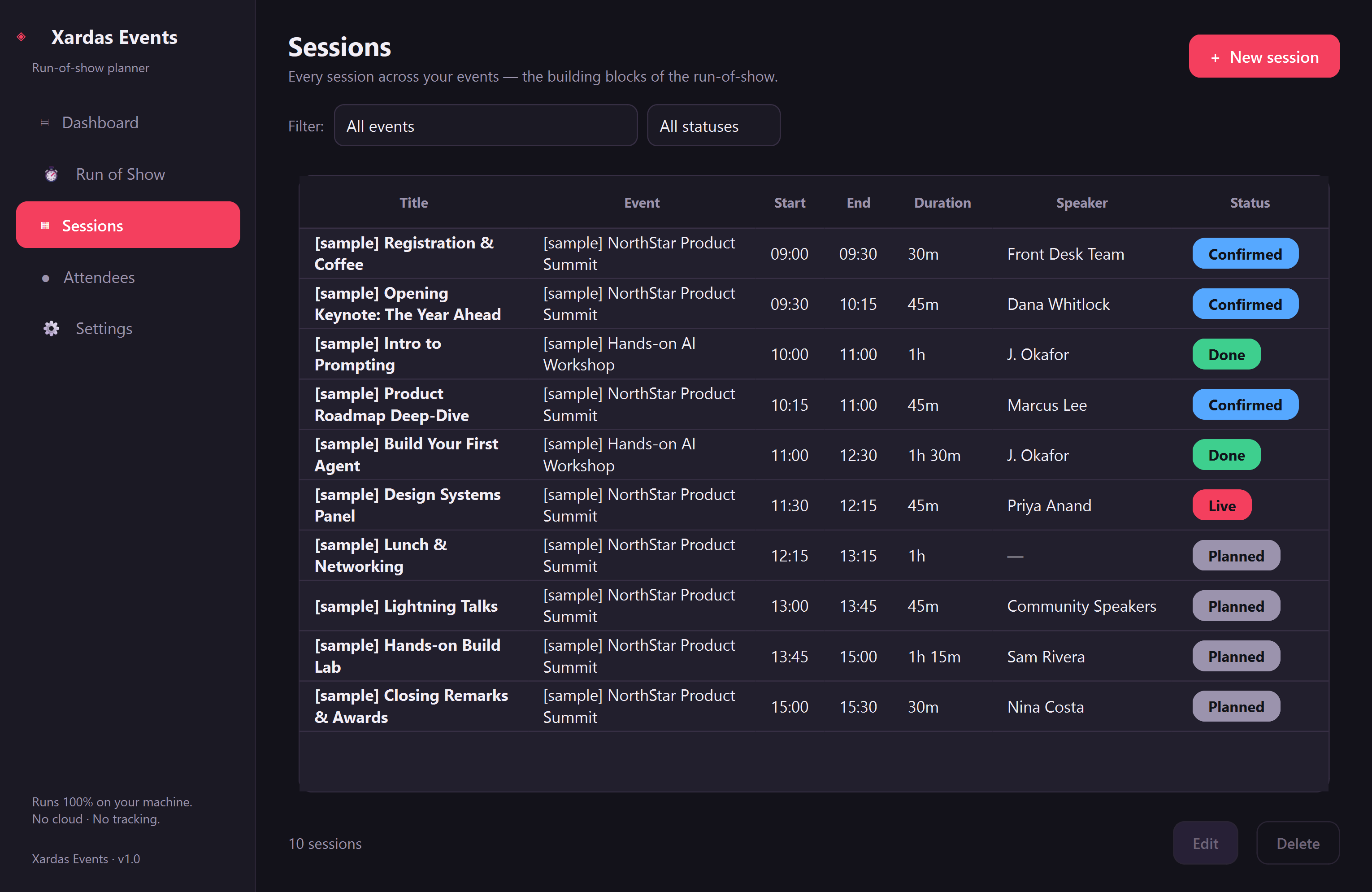 Xardas Events sessions — An offline run-of-show planner for workshops and events.