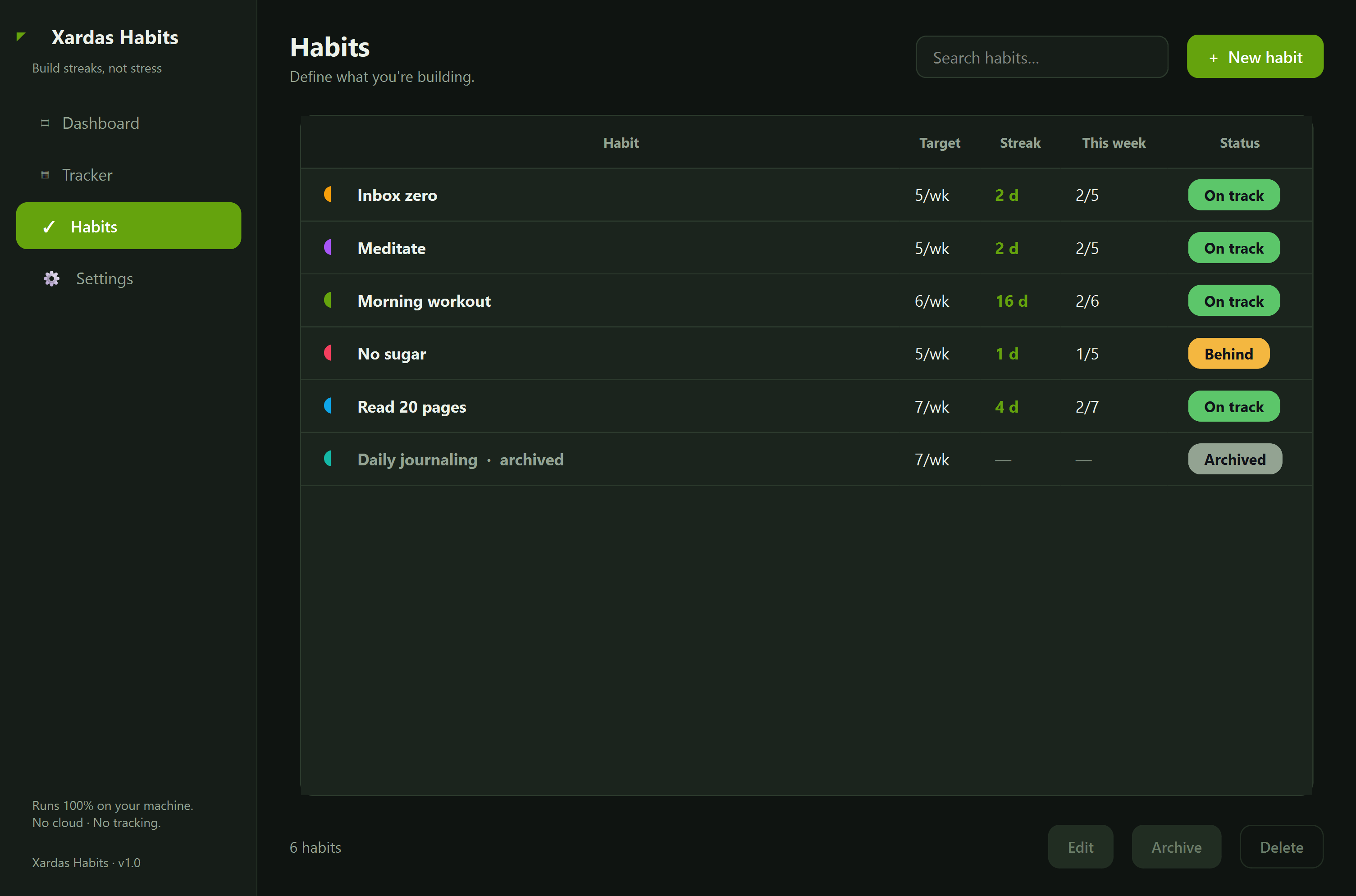 Xardas Habits habits — An offline desktop tracker for the habits and goals you're building — with a GitHub-style contribution heatmap for every one.