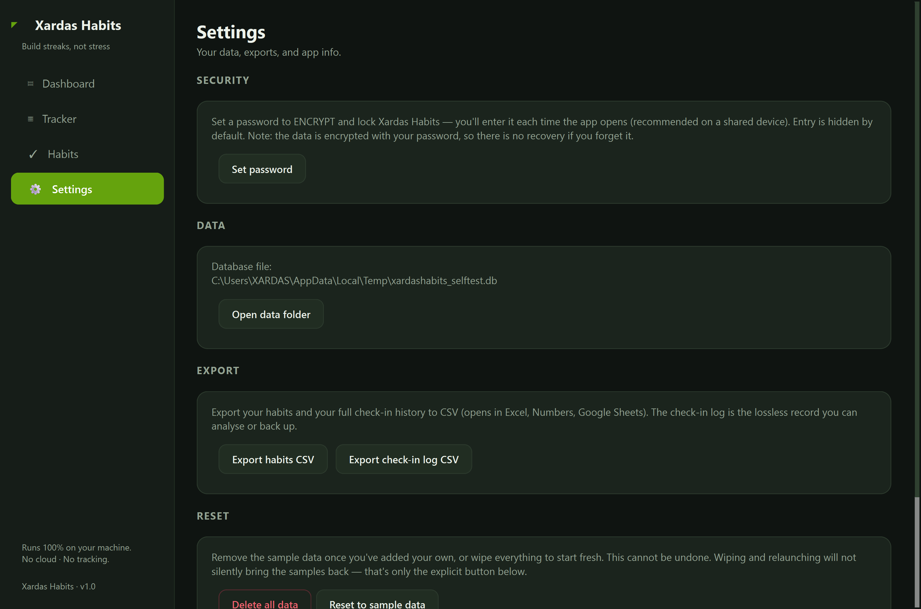 Xardas Habits settings — An offline desktop tracker for the habits and goals you're building — with a GitHub-style contribution heatmap for every one.