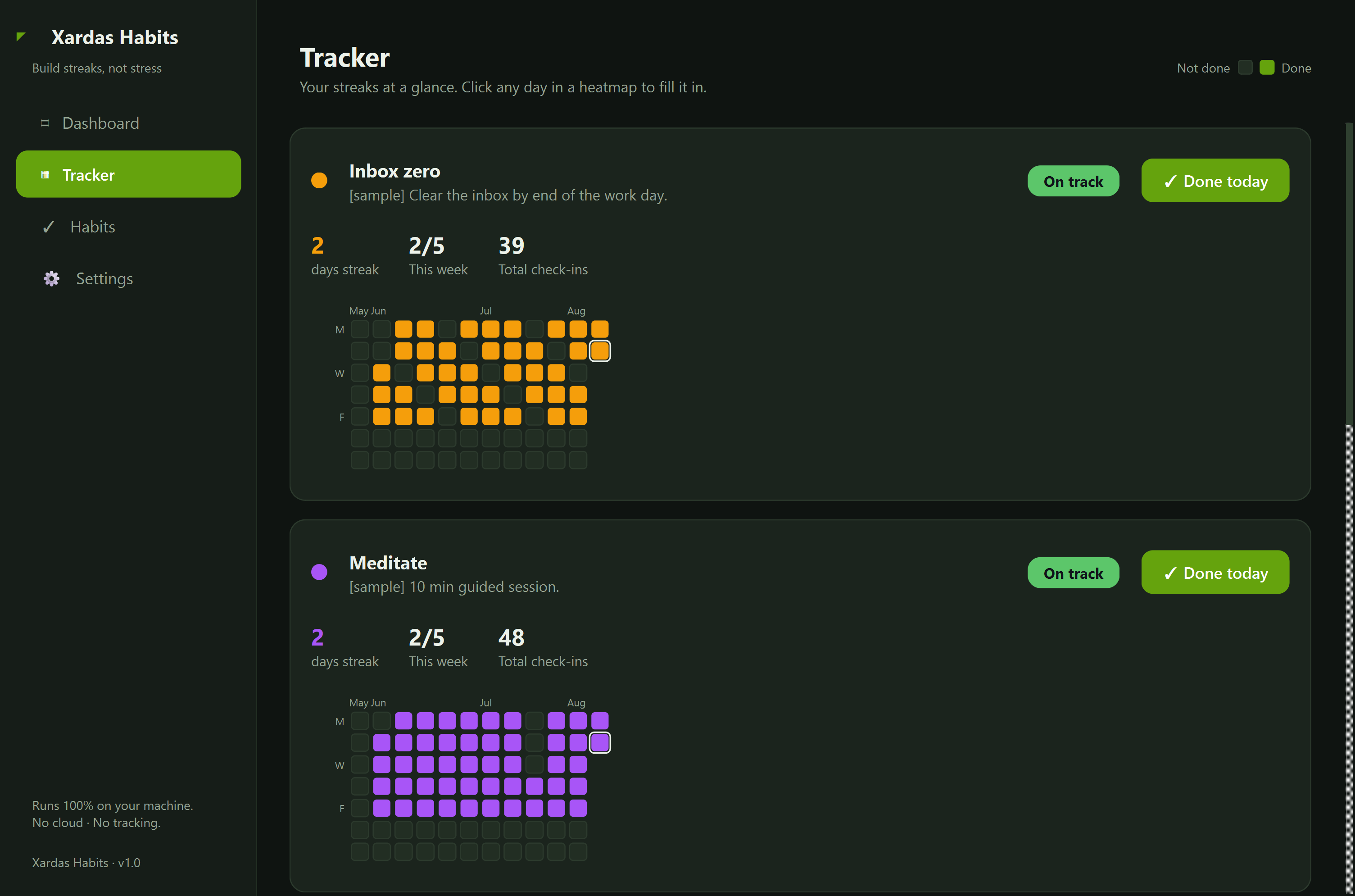 Xardas Habits — An offline desktop tracker for the habits and goals you're building — with a GitHub-style contribution heatmap for every one.