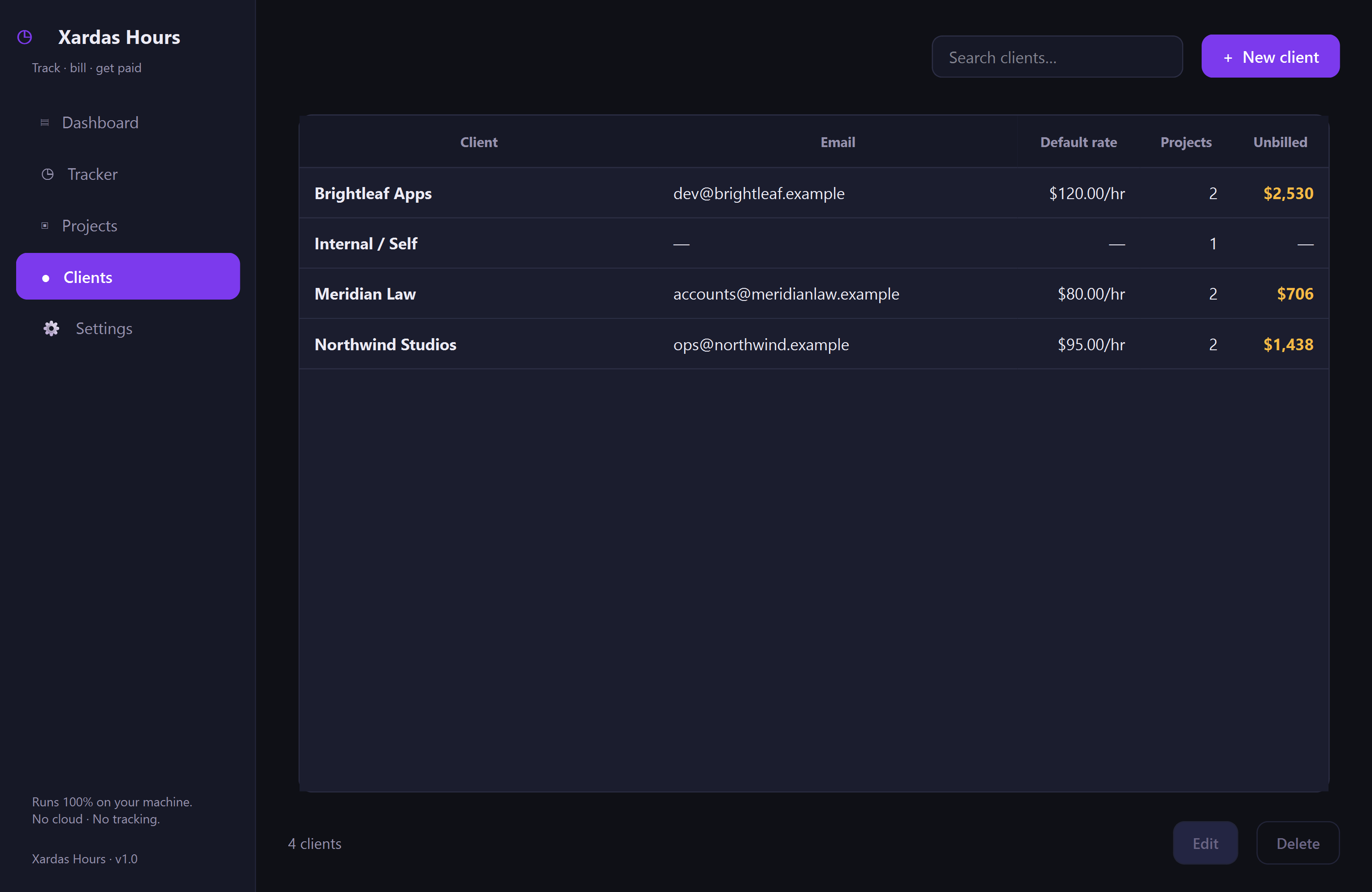 Xardas Hours clients — Offline time tracking and billing for freelancers — your hours, rates, and clients in one native Windows app, on your machine alone.