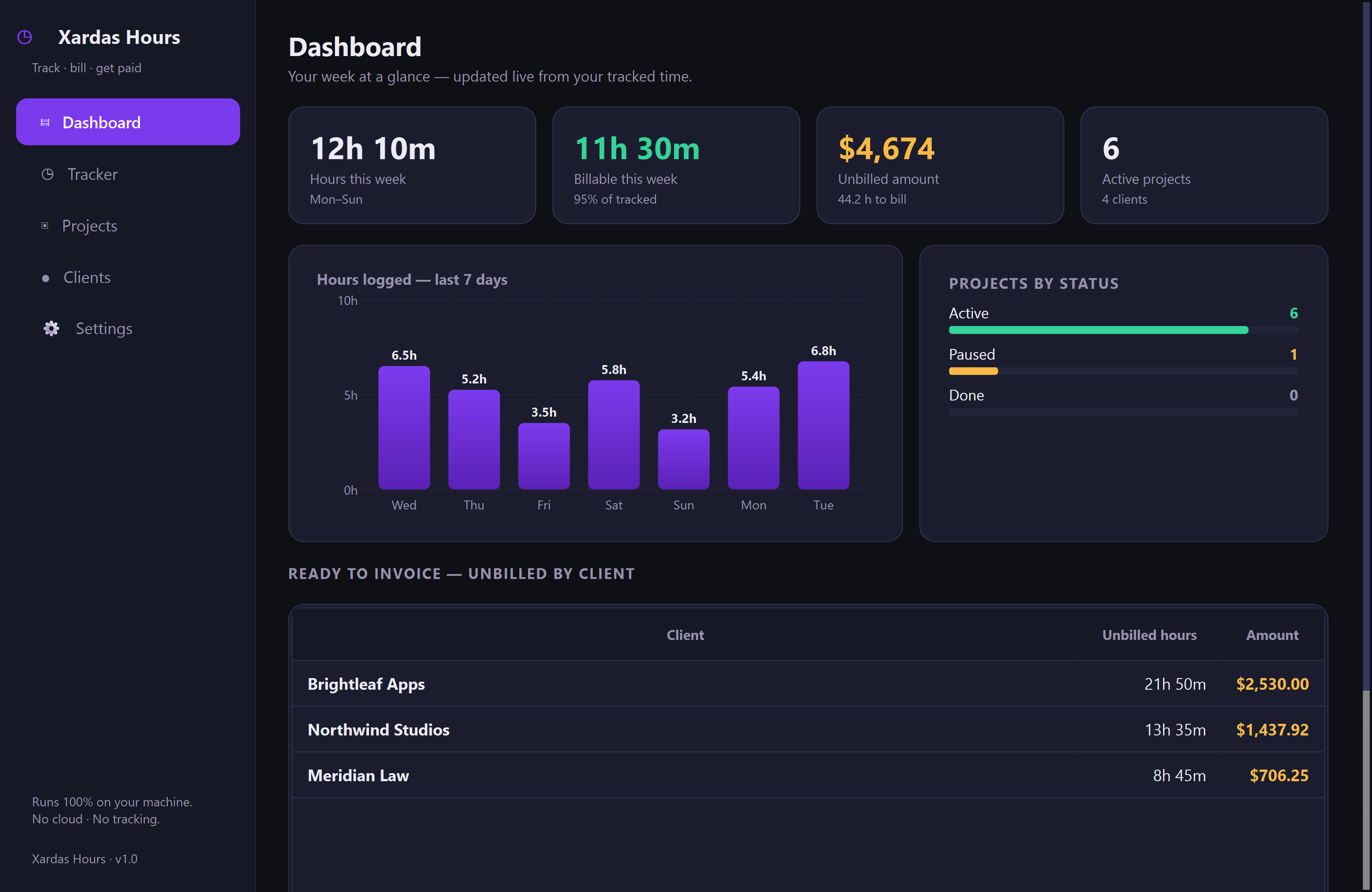 Xardas Hours — Offline time tracking and billing for freelancers — your hours, rates, and clients in one native Windows app, on your machine alone.