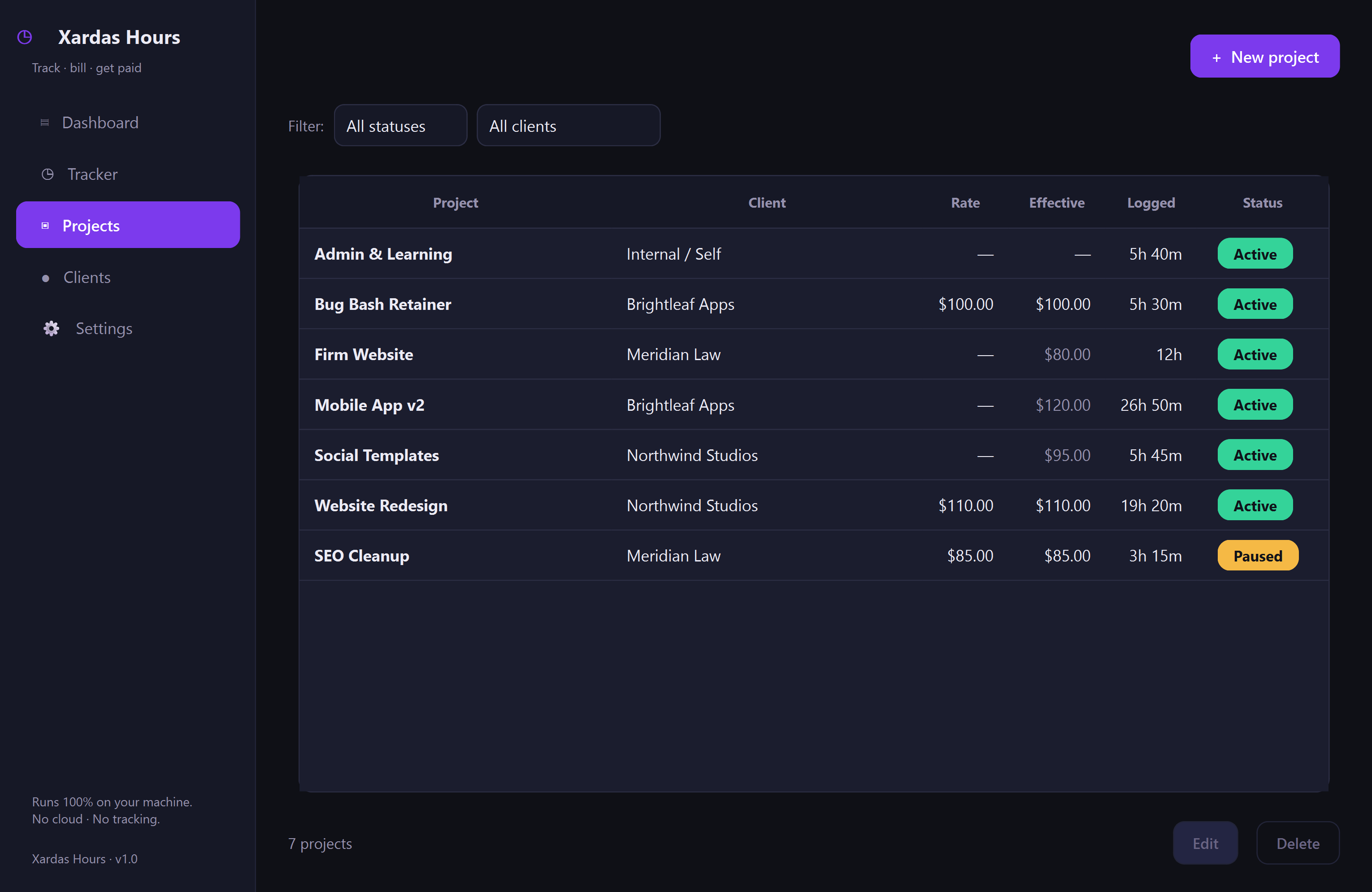 Xardas Hours projects — Offline time tracking and billing for freelancers — your hours, rates, and clients in one native Windows app, on your machine alone.