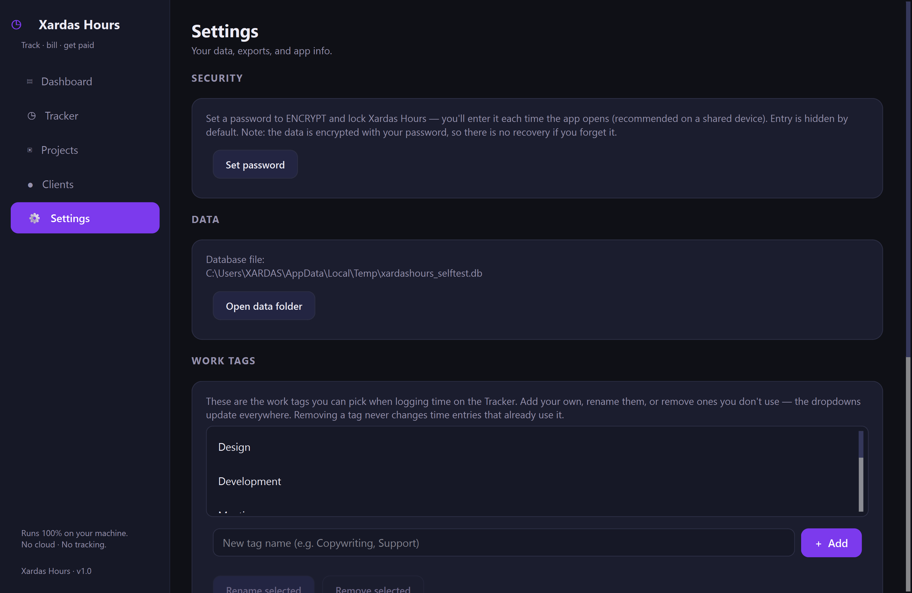 Xardas Hours settings — Offline time tracking and billing for freelancers — your hours, rates, and clients in one native Windows app, on your machine alone.