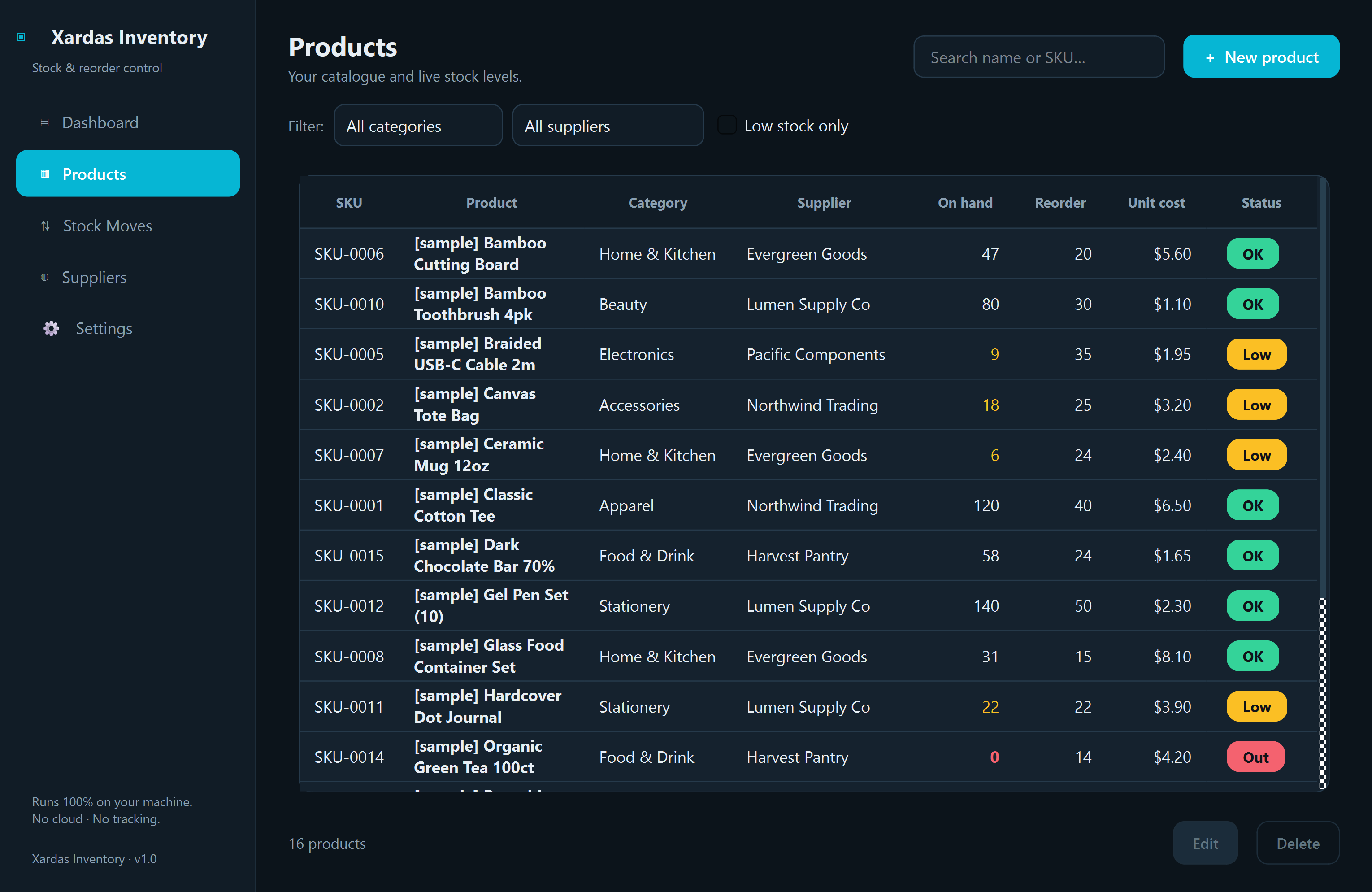 Xardas Inventory products — Track stock, suppliers, and reorders in a native local Windows app — no account, no cloud.