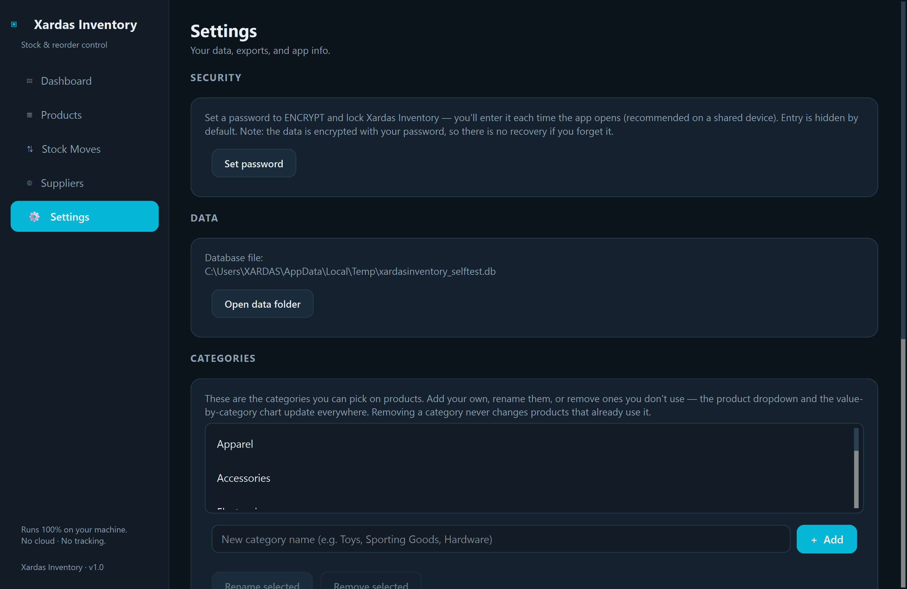 Xardas Inventory settings — Track stock, suppliers, and reorders in a native local Windows app — no account, no cloud.