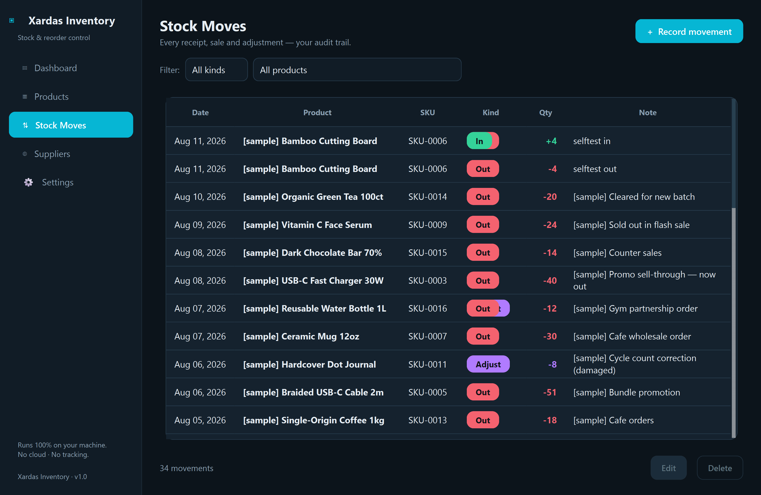 Xardas Inventory stock moves — Track stock, suppliers, and reorders in a native local Windows app — no account, no cloud.