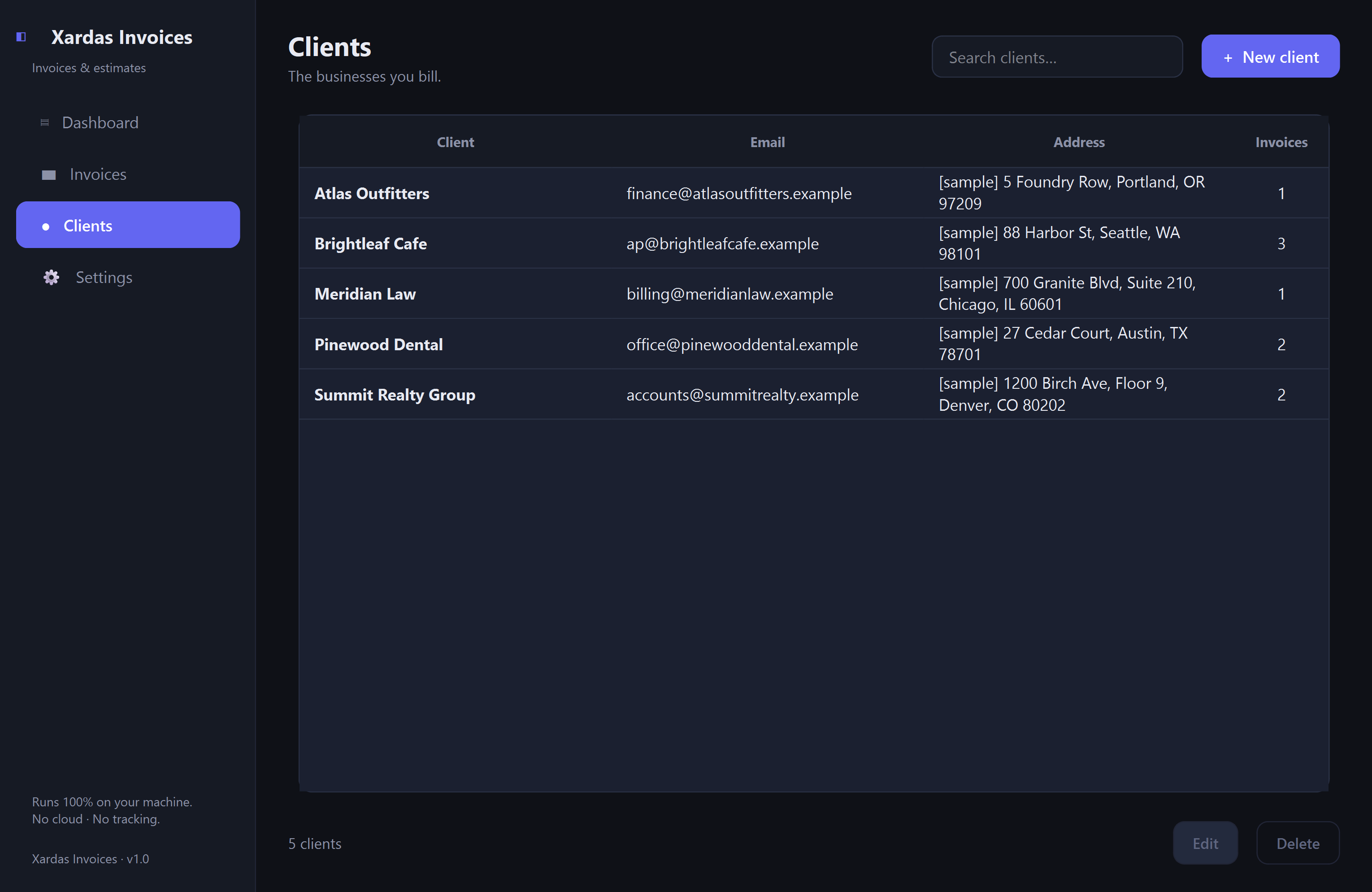Xardas Invoices clients — A native invoice and estimate builder for freelancers and small businesses — your data stays in one file on your own machine.