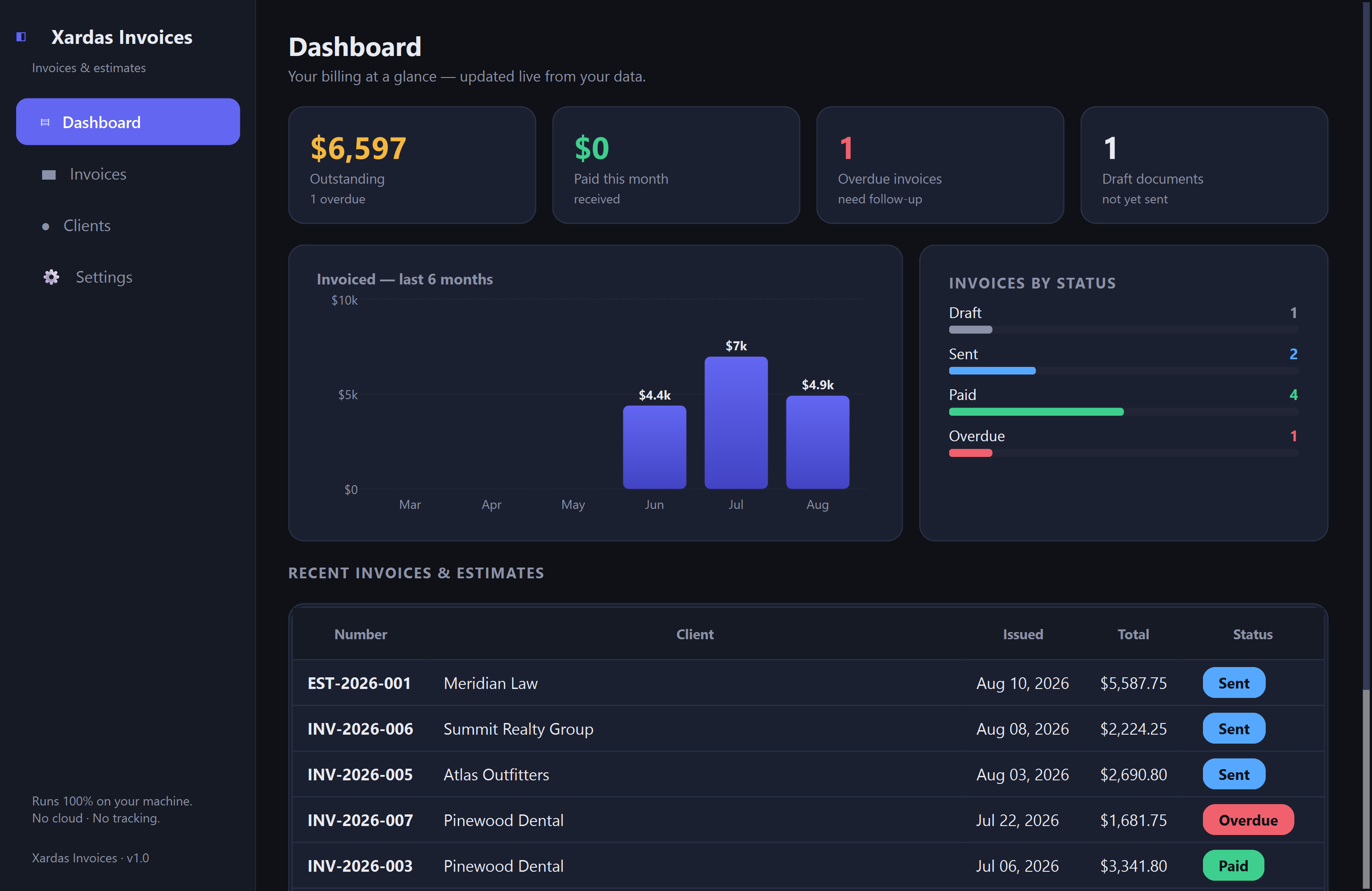 Xardas Invoices — A native invoice and estimate builder for freelancers and small businesses — your data stays in one file on your own machine.