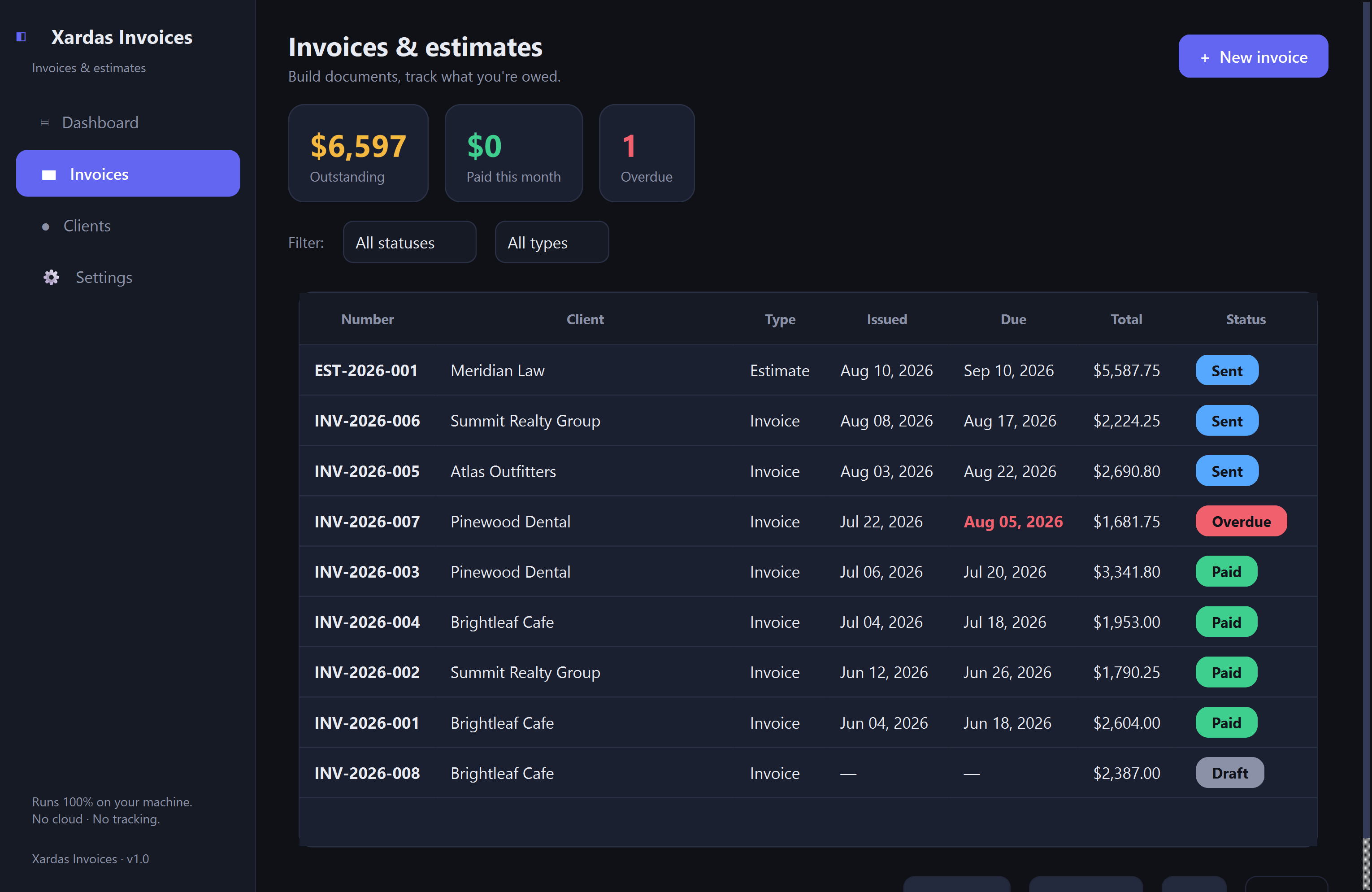 Xardas Invoices invoices — A native invoice and estimate builder for freelancers and small businesses — your data stays in one file on your own machine.