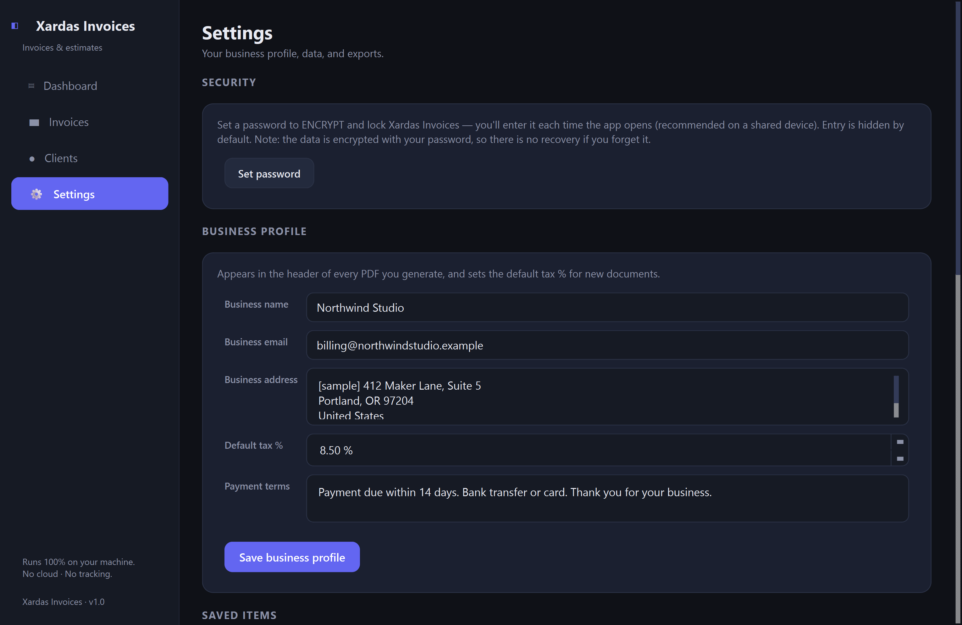 Xardas Invoices settings — A native invoice and estimate builder for freelancers and small businesses — your data stays in one file on your own machine.