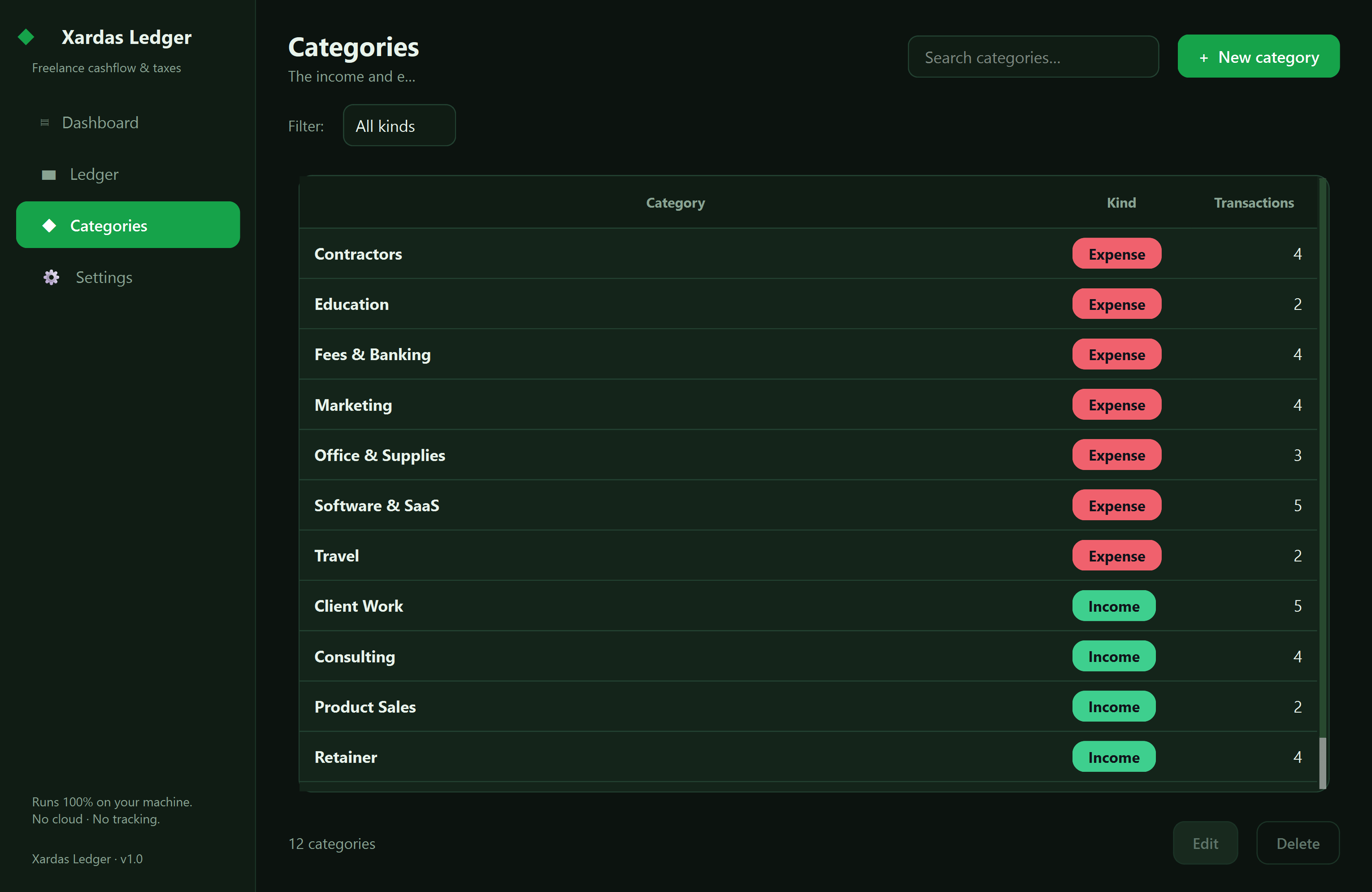 Xardas Ledger categories — Track every dollar in and out, set aside the right amount for taxes, and own your books in a single offline file — no subscription, no account.