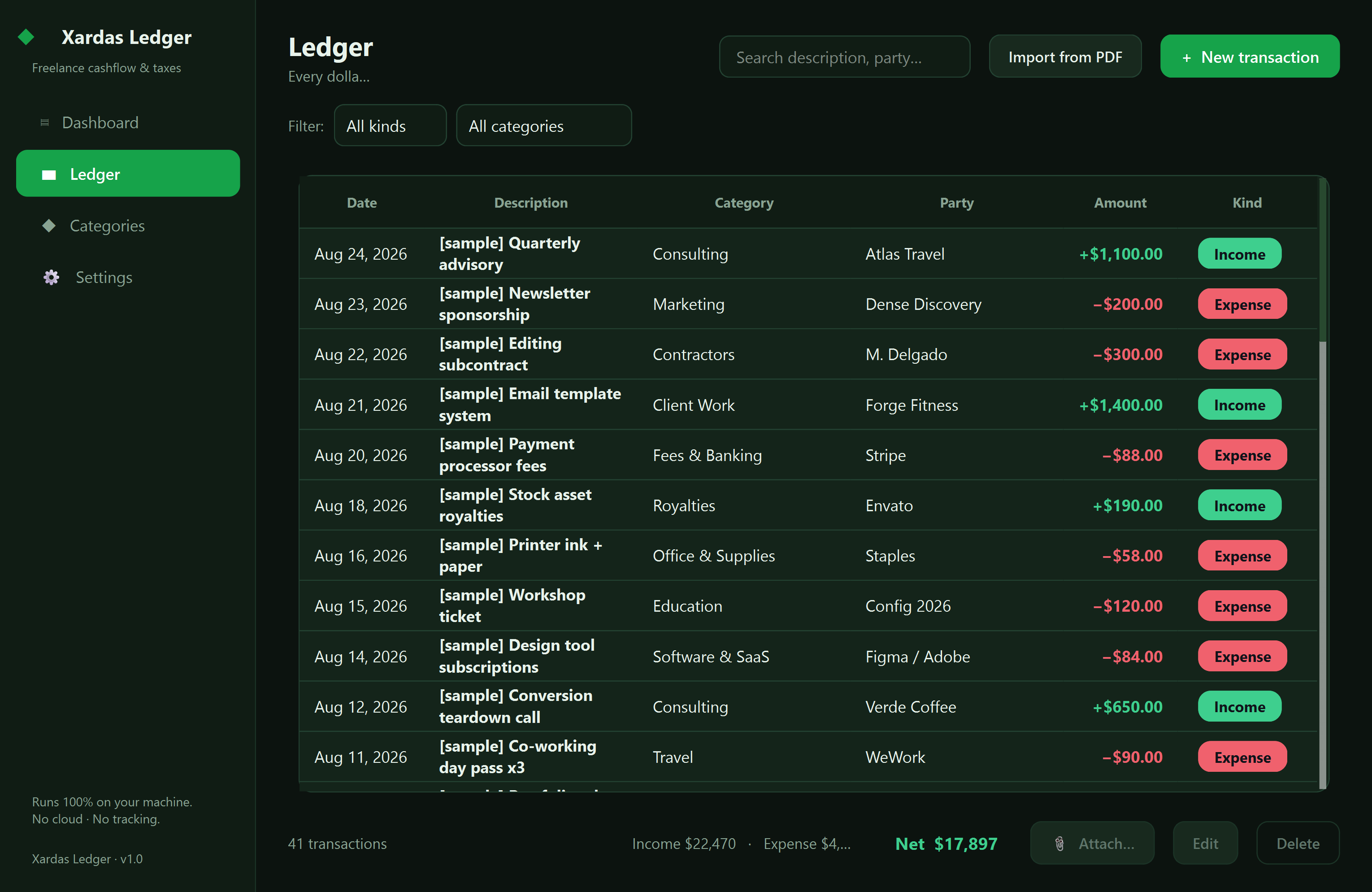Xardas Ledger ledger — Track every dollar in and out, set aside the right amount for taxes, and own your books in a single offline file — no subscription, no account.