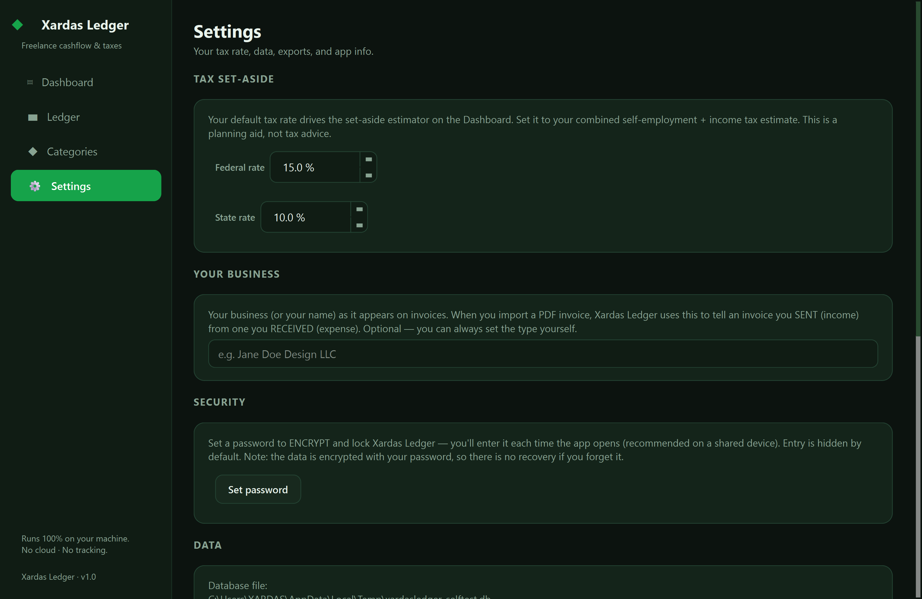 Xardas Ledger settings — Track every dollar in and out, set aside the right amount for taxes, and own your books in a single offline file — no subscription, no account.