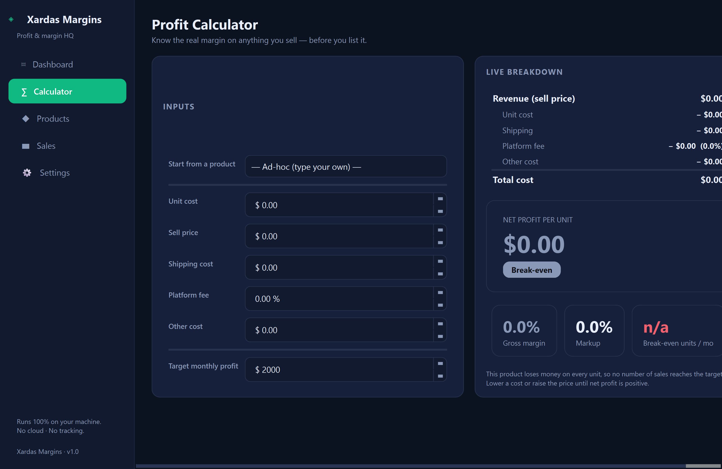 Xardas Margins calculator — An offline profit and margin manager for e-commerce sellers.