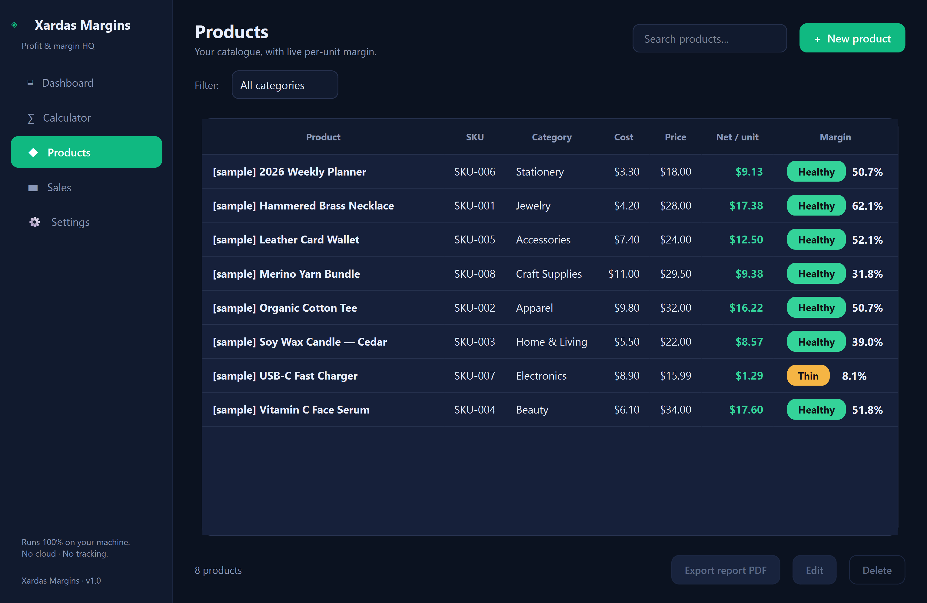 Xardas Margins products — An offline profit and margin manager for e-commerce sellers.