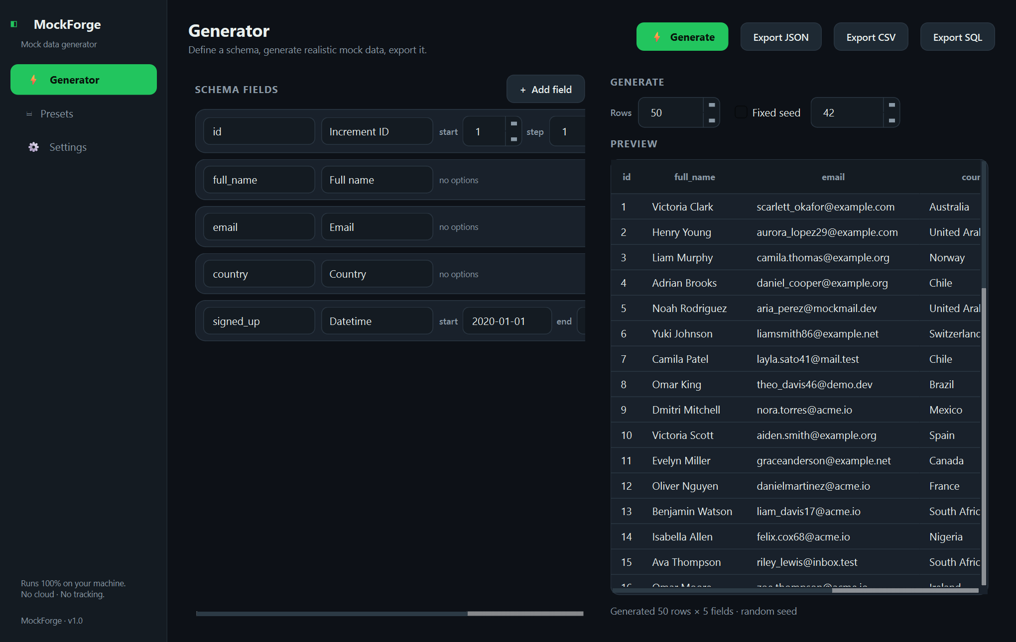 Xardas Mock Data — Offline mock-data generator for developers — schema in, JSON, CSV, or SQL out.