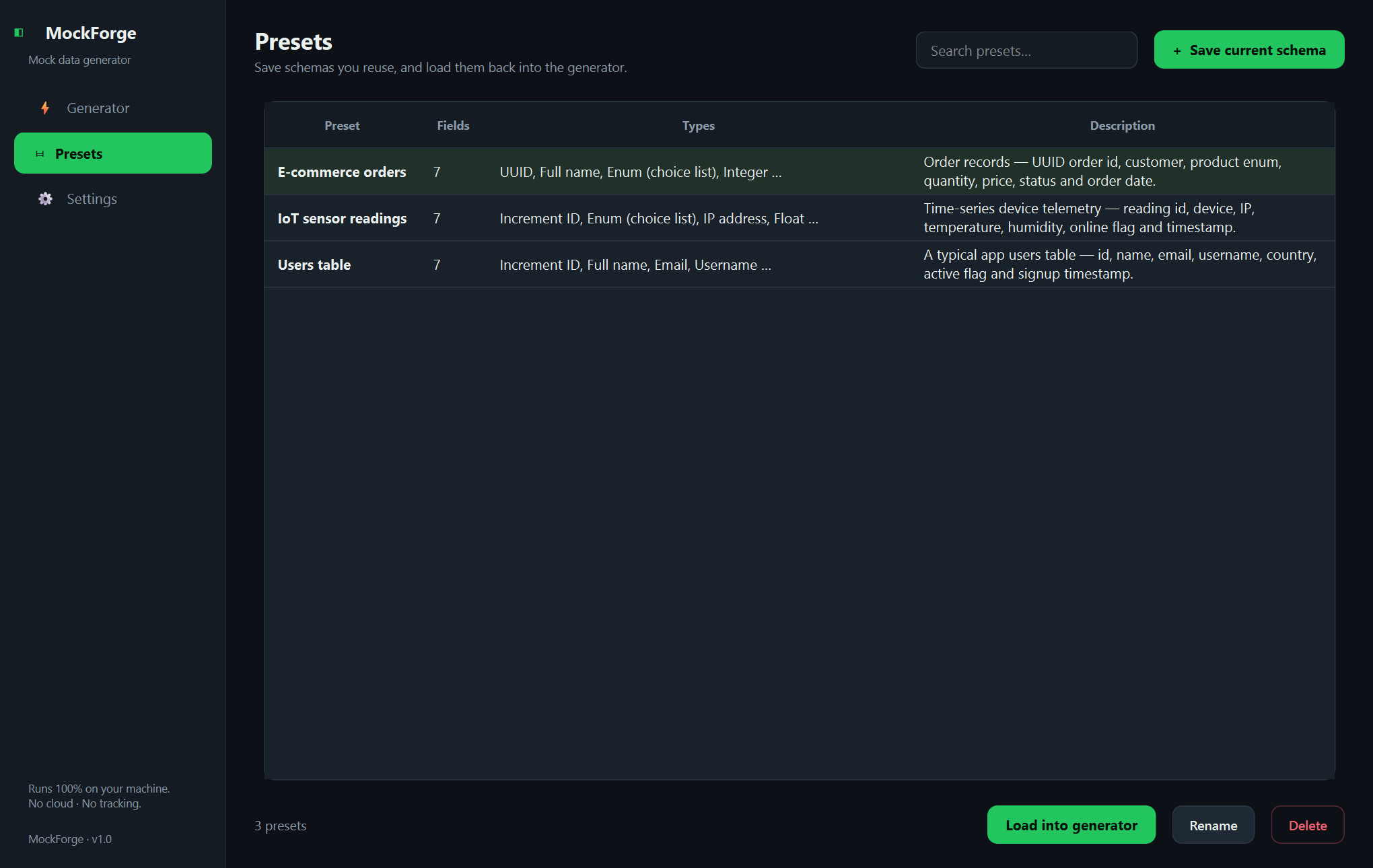 Xardas Mock Data presets — Offline mock-data generator for developers — schema in, JSON, CSV, or SQL out.