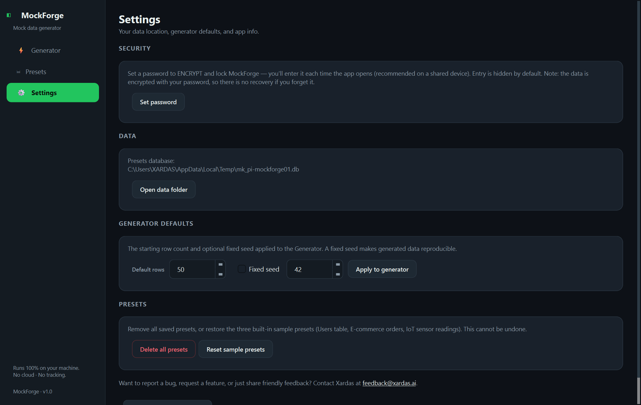 Xardas Mock Data settings — Offline mock-data generator for developers — schema in, JSON, CSV, or SQL out.