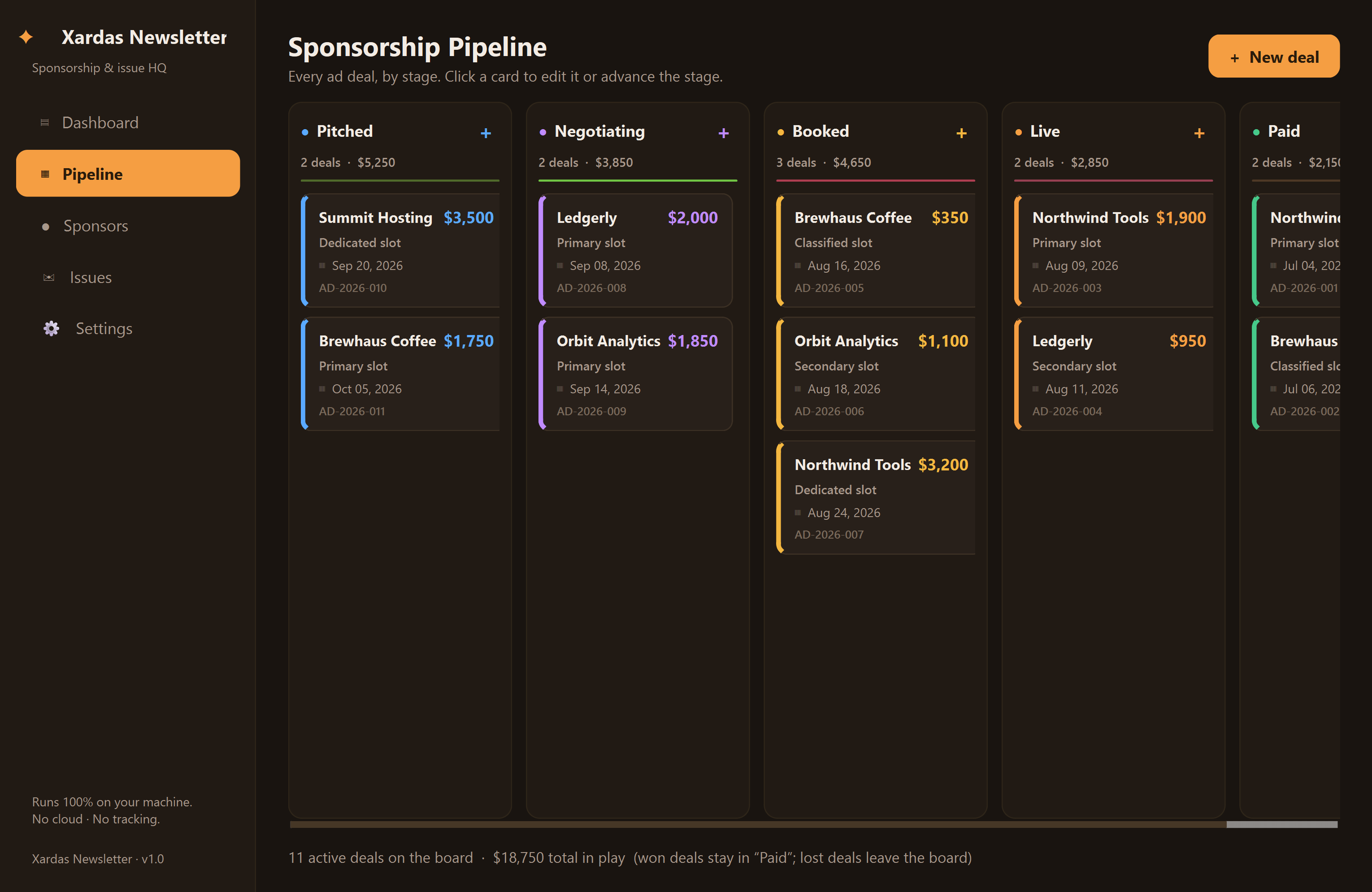 Xardas Newsletter — The business desk for your paid newsletter — sponsors, deals, and issues in one native window.