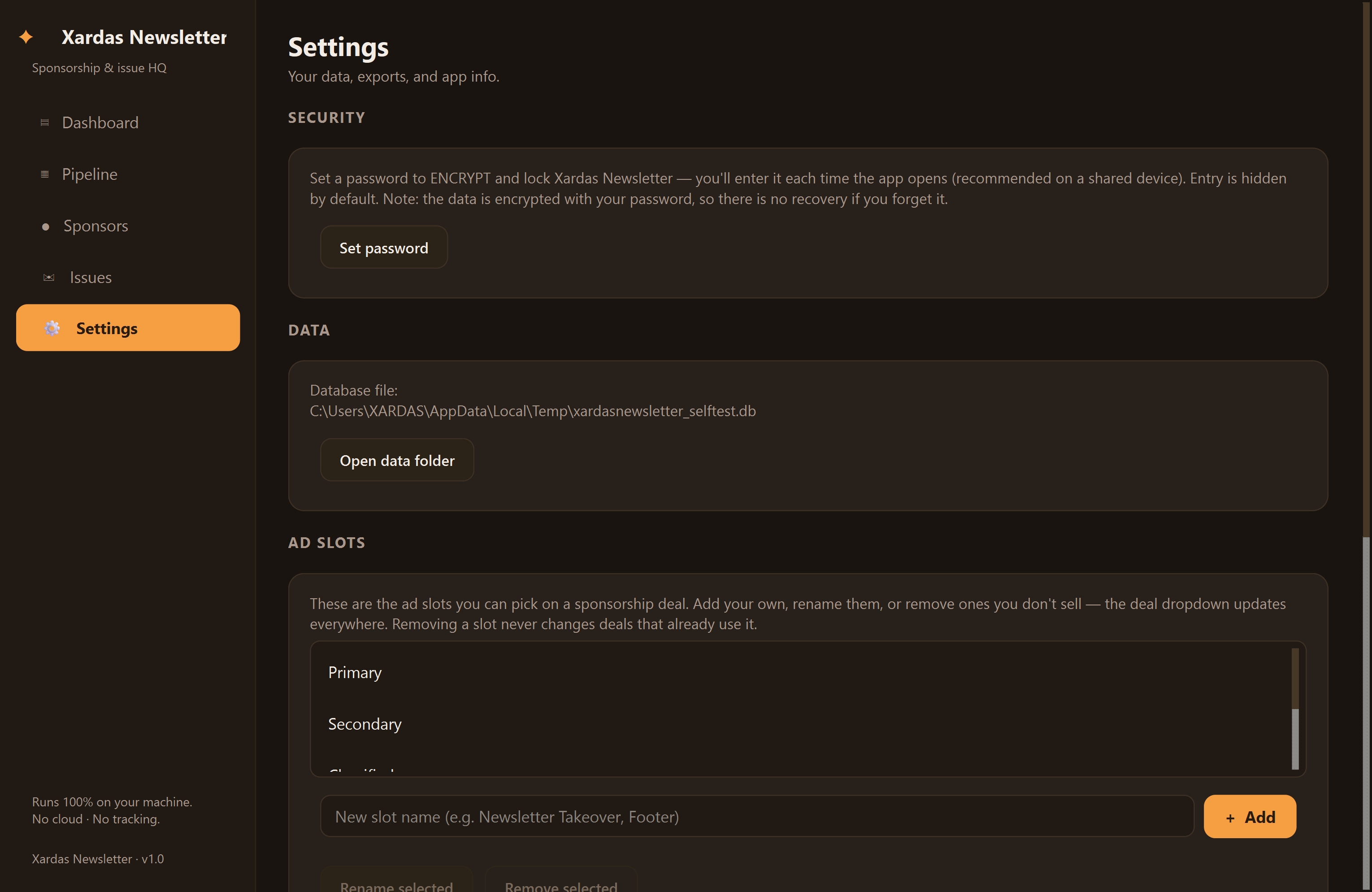 Xardas Newsletter settings — The business desk for your paid newsletter — sponsors, deals, and issues in one native window.