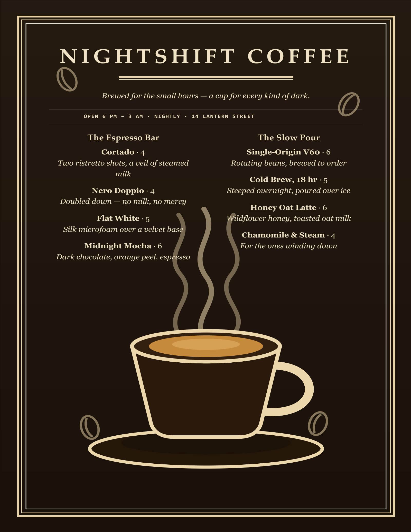 Xardas Pages cafe menu — Turn a plain request into a beautifully designed document — powered by an AI that runs entirely on your own machine.
