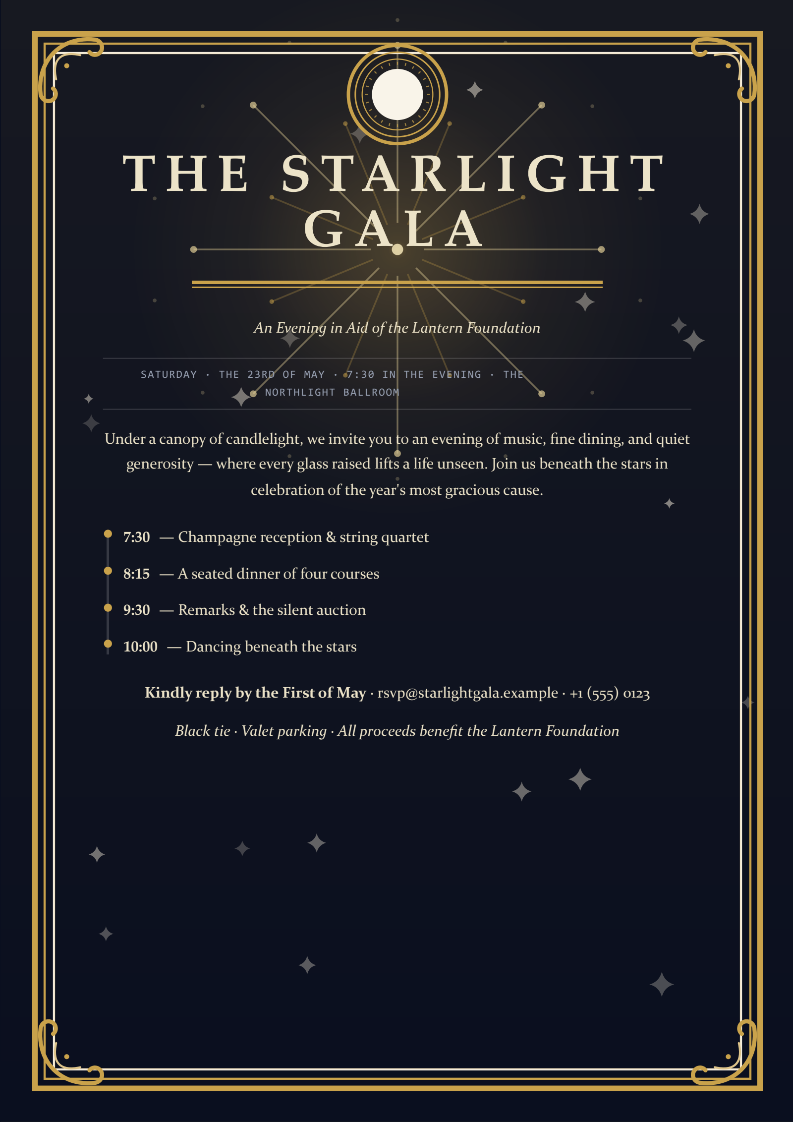 Xardas Pages gala invitation — Turn a plain request into a beautifully designed document — powered by an AI that runs entirely on your own machine.