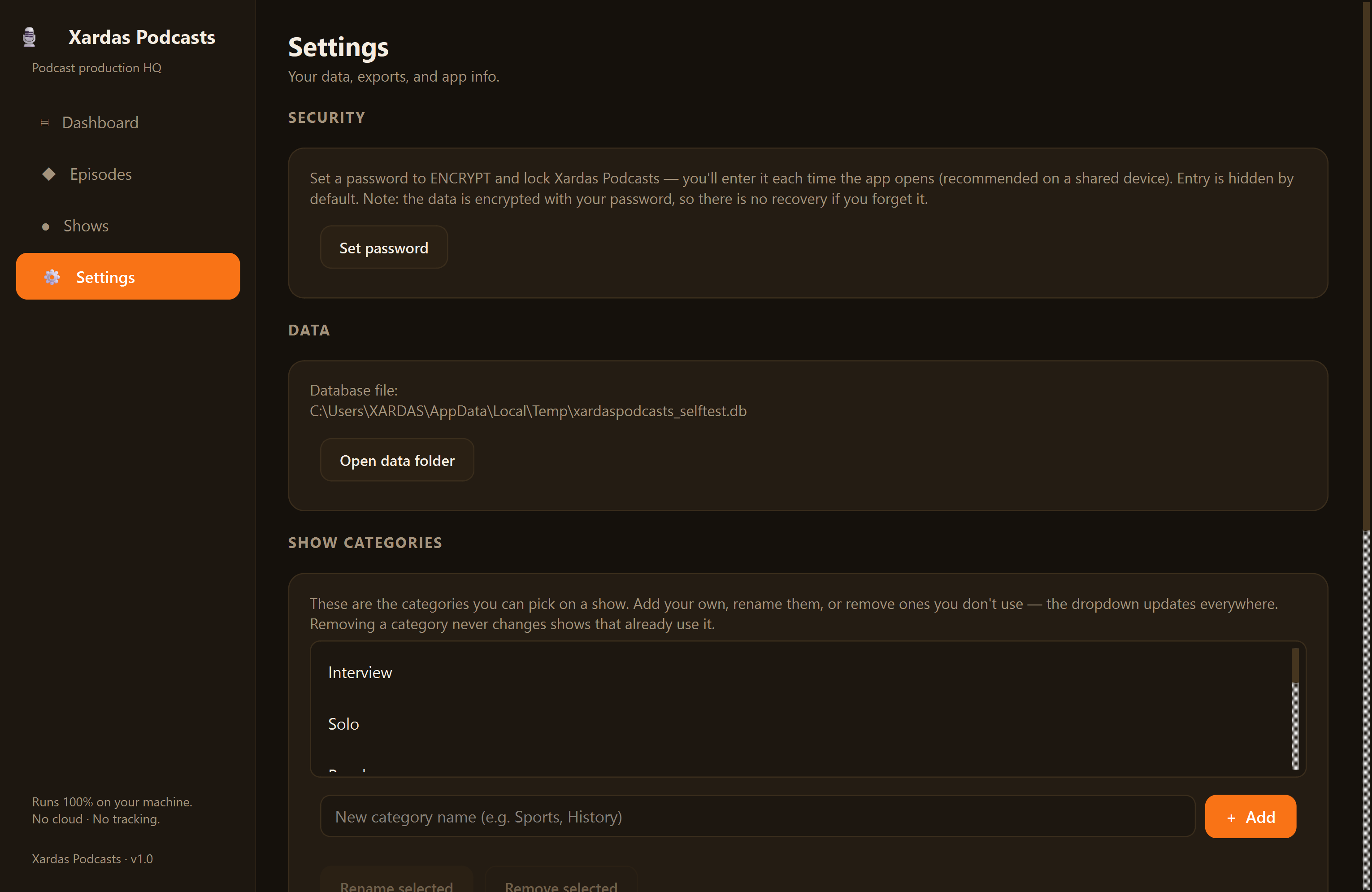 Xardas Podcasts settings — An offline production manager for podcasters — every episode, idea to published.