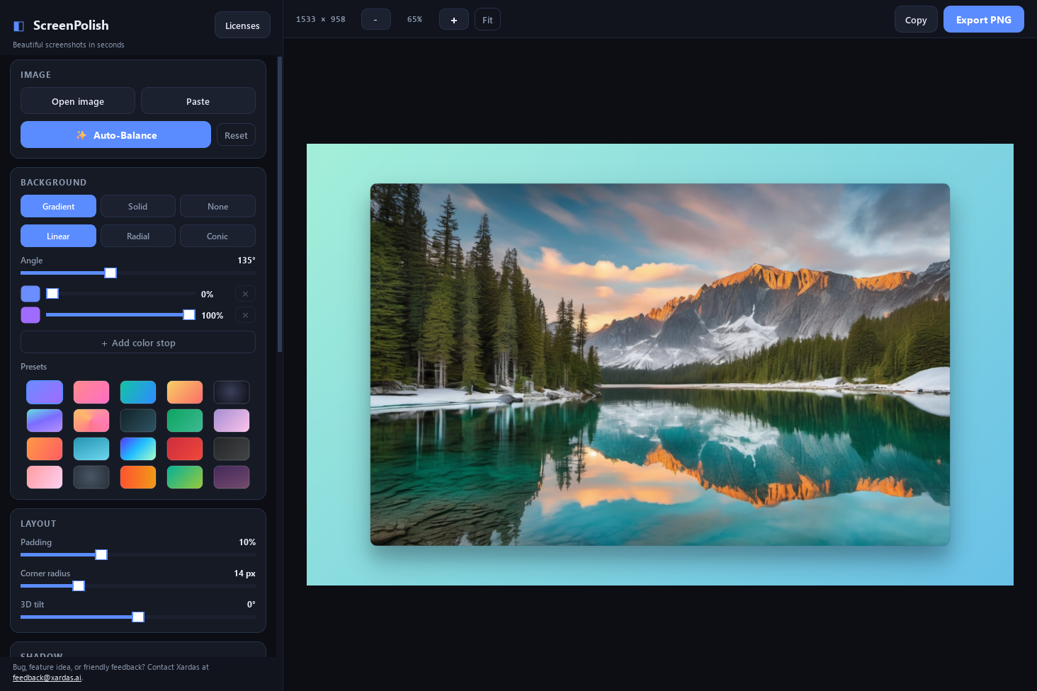 Xardas Screenshots — Turn plain screenshots into share-ready visuals — gradient backgrounds, device frames, and one-click polish.