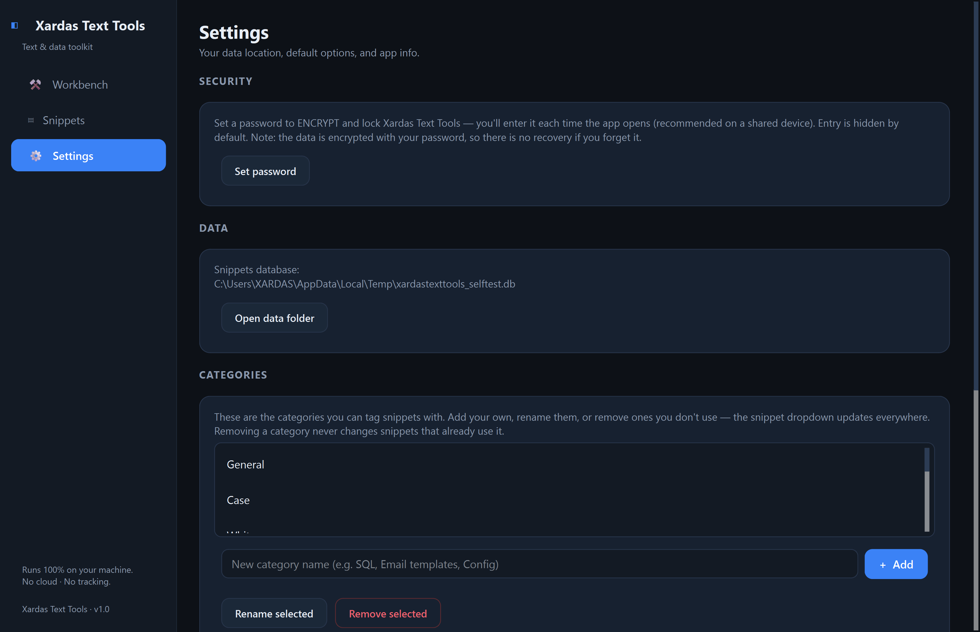 Xardas Text Tools settings — The offline workbench for everything you'd paste into an online tool — decode a JWT, chain transforms into a saved recipe, convert or hash anything — your data stays on your machine.
