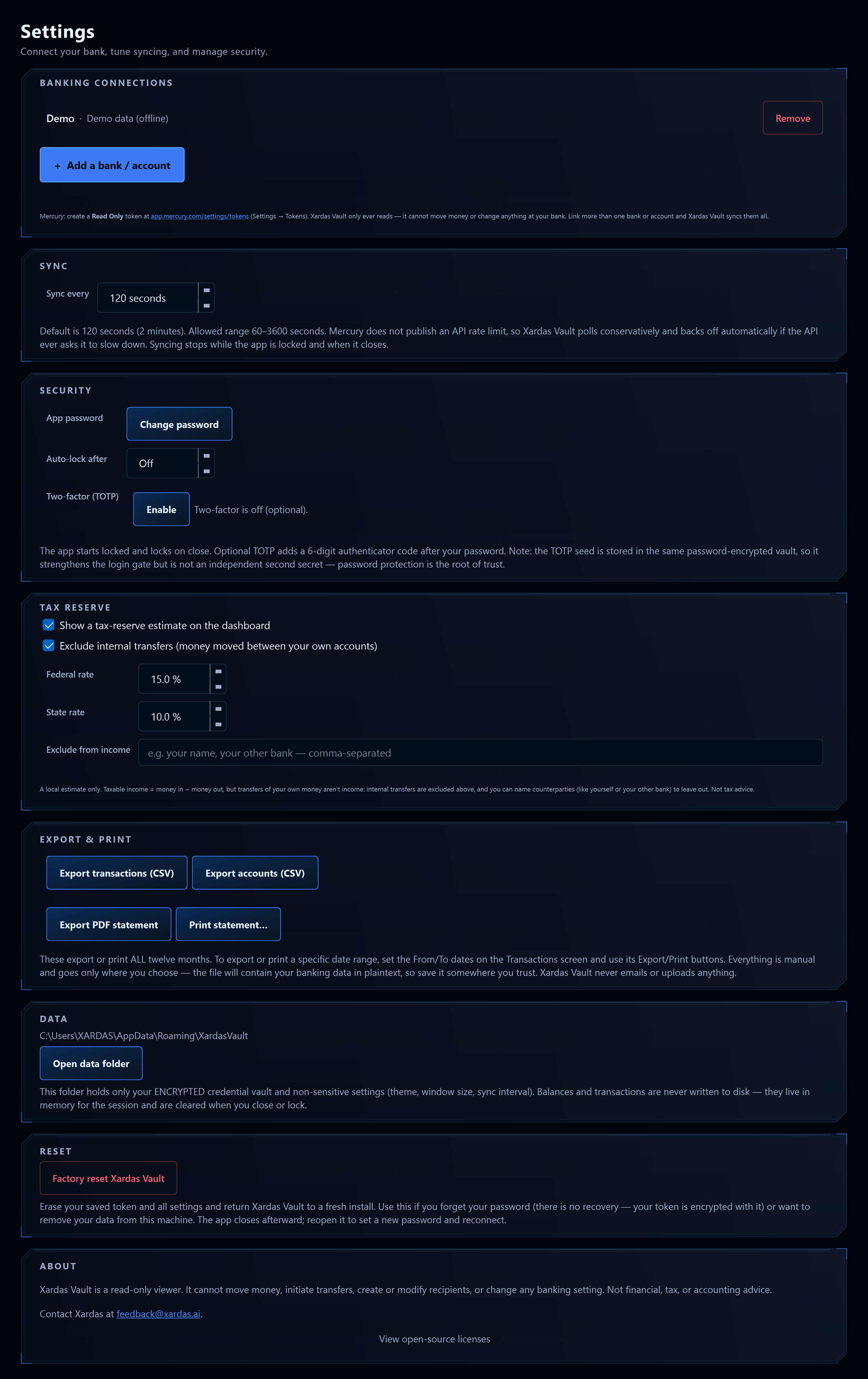Xardas Vault settings — A secure, read-only desktop dashboard for your online bank accounts — it shows everything and can move nothing.