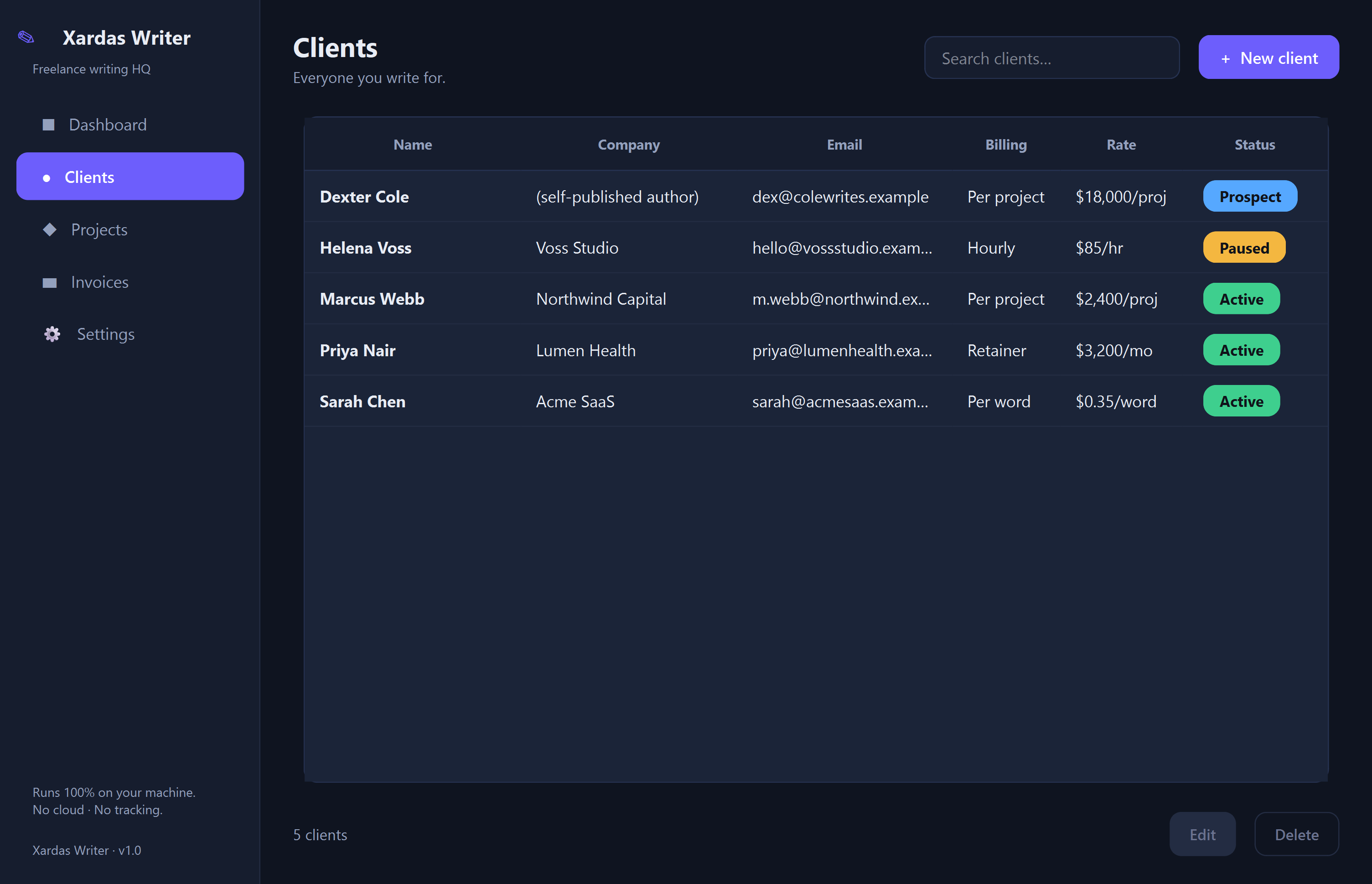 Xardas Writer clients — The local business hub for freelance writers — clients, projects, and invoices, all on your own machine.