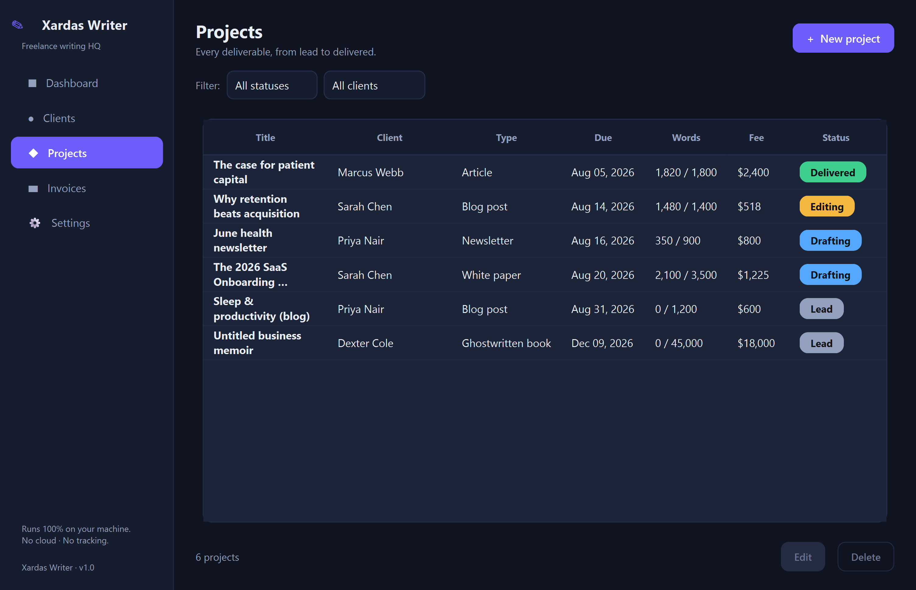 Xardas Writer projects — The local business hub for freelance writers — clients, projects, and invoices, all on your own machine.