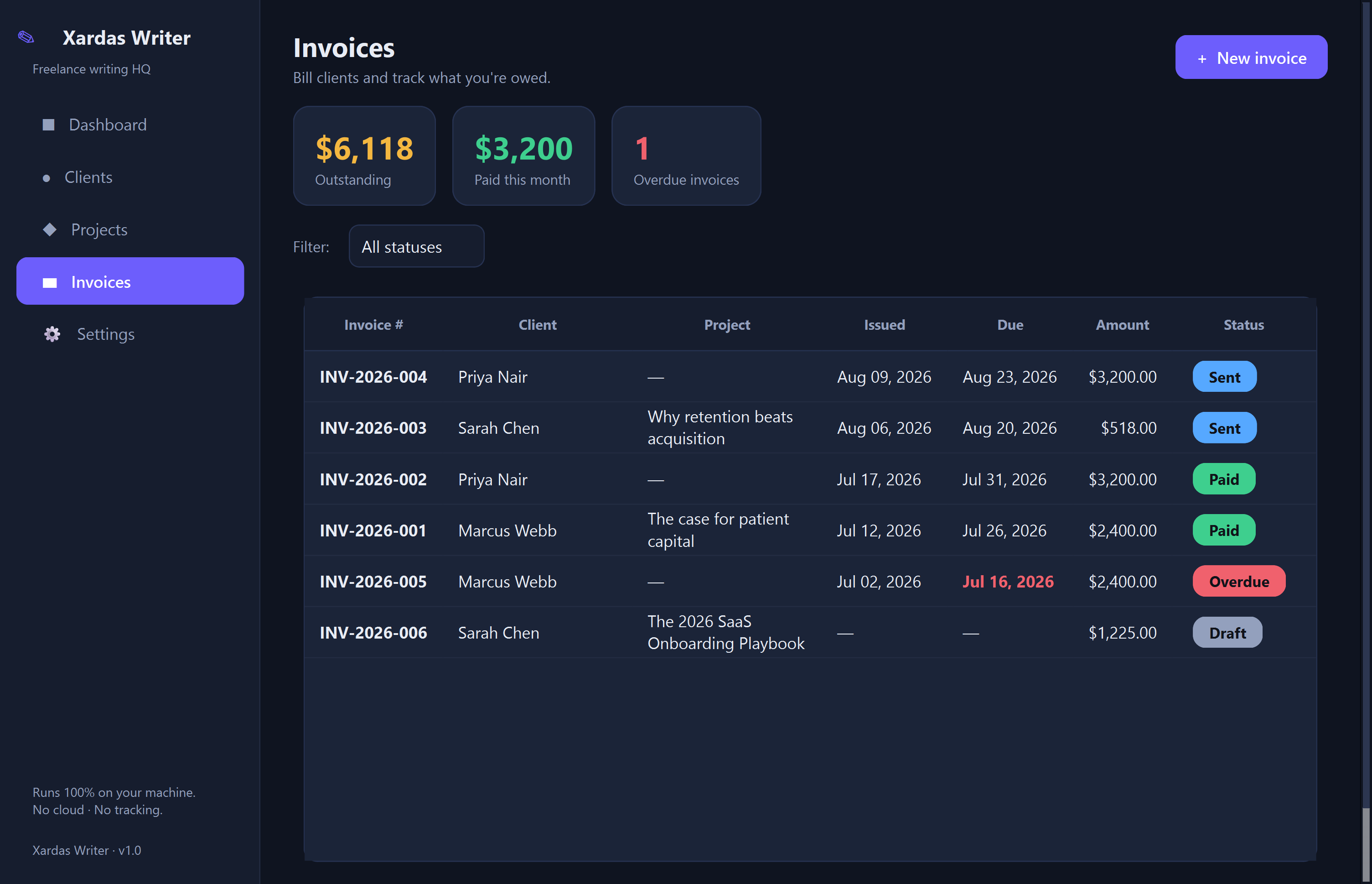 Xardas Writer invoices — The local business hub for freelance writers — clients, projects, and invoices, all on your own machine.