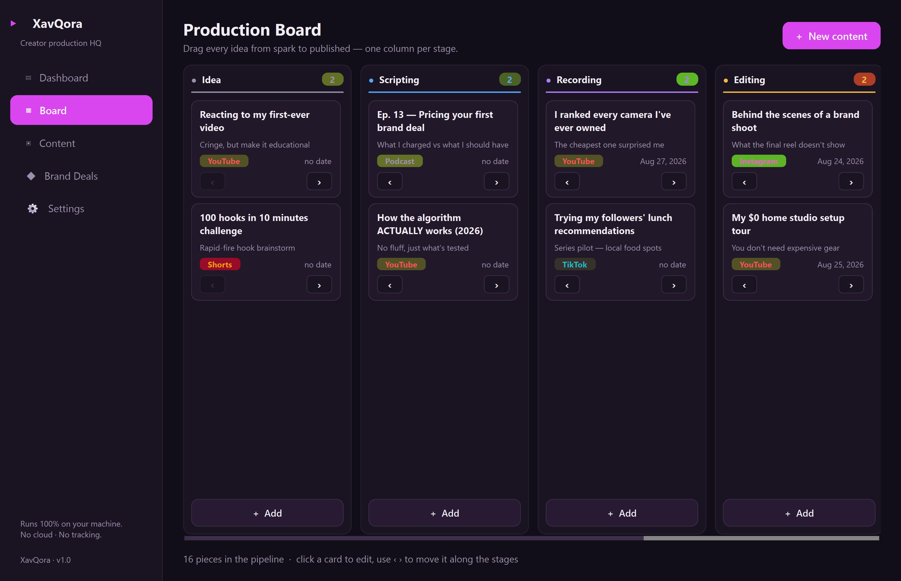 XavQora board — A native production hub that moves every video, short, and post from idea to published.