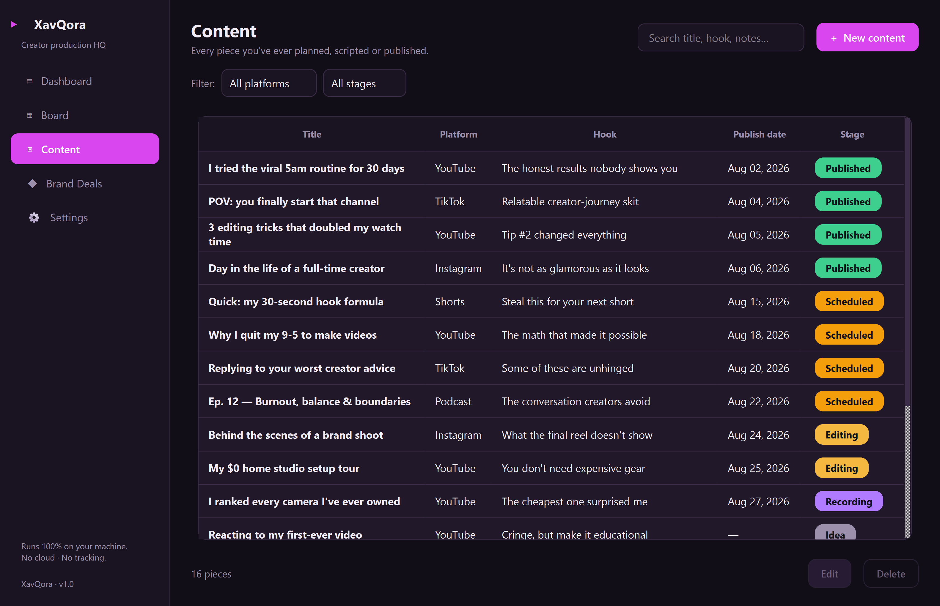 XavQora content — A native production hub that moves every video, short, and post from idea to published.